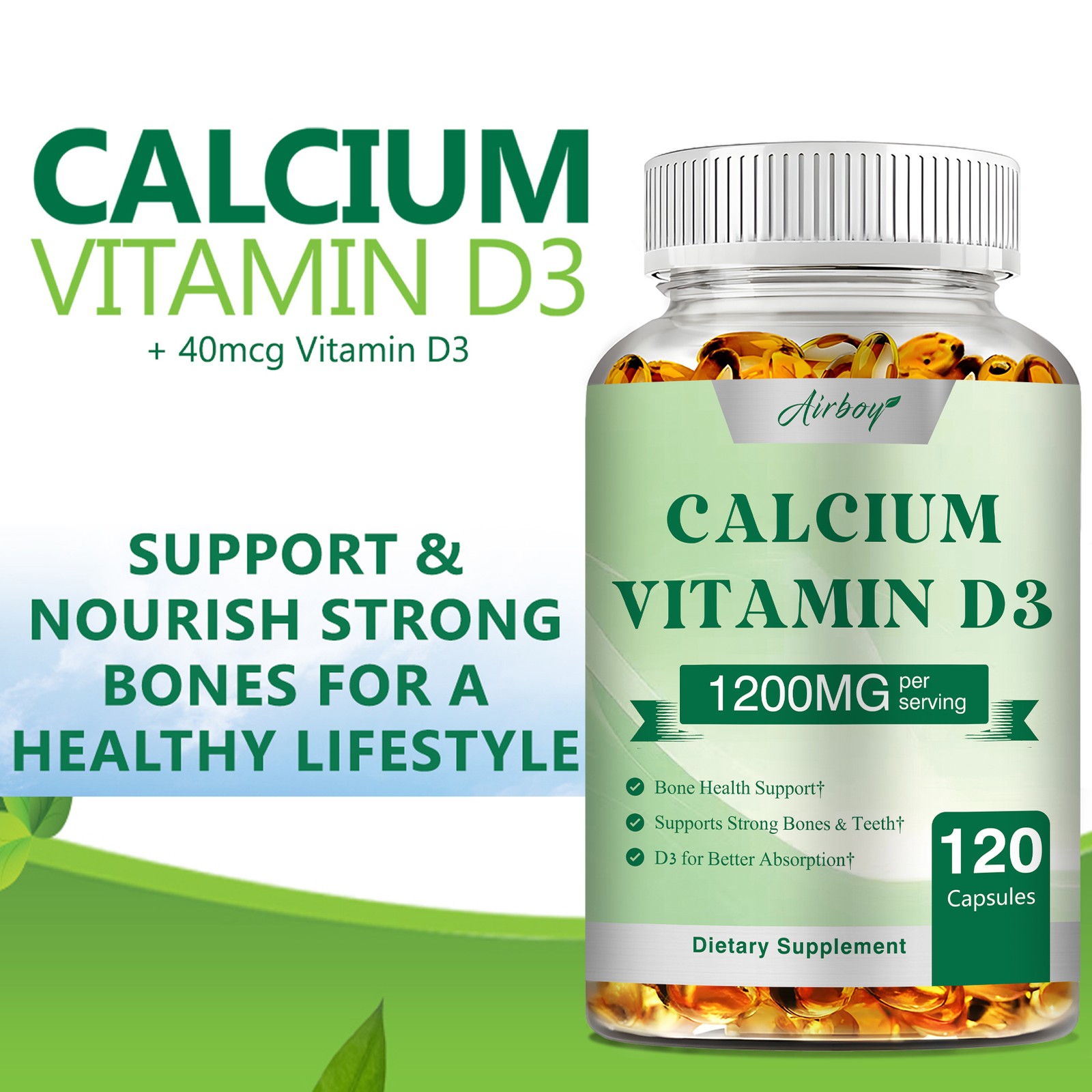 Calcium Vitamin D3 – for Strong Bones & Muscle Support, Gluten Free, Non-GMO