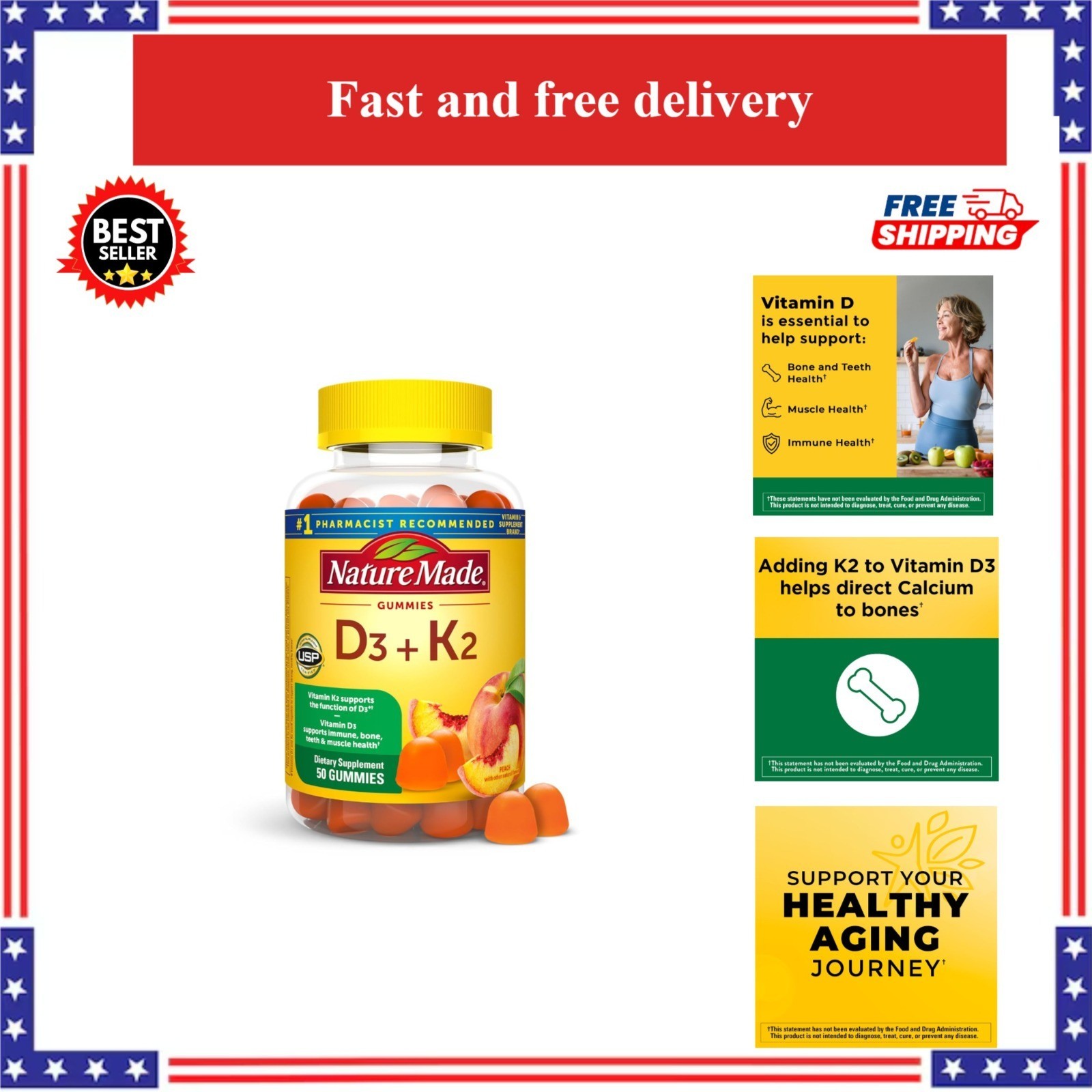 Nature Made Vitamin D3 K2 Gummies, 5000 IU, Peach Flavor, 50 Count