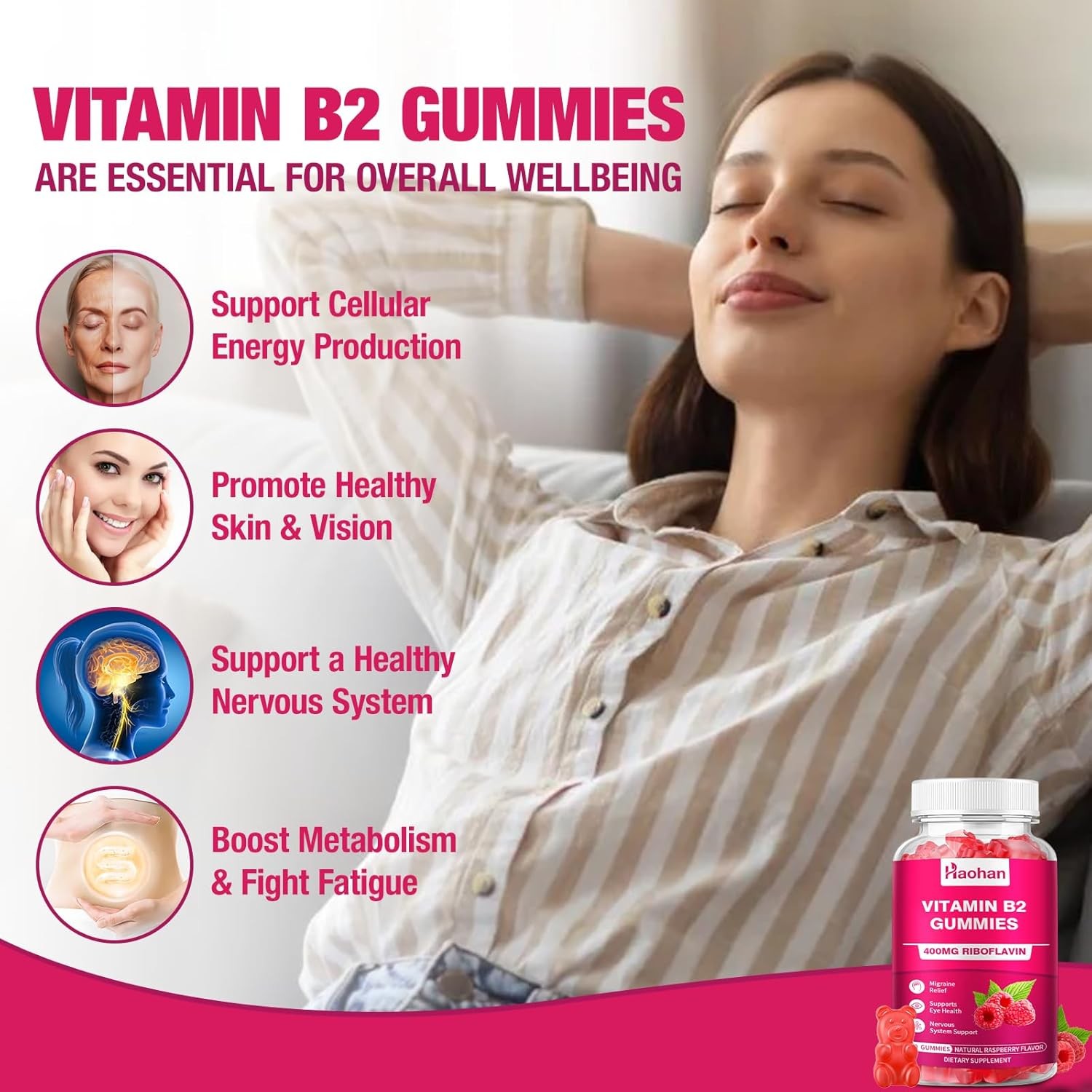 Vitamin B2 400mg Gummies with Magnesium for Migraine Relief and Nervous System