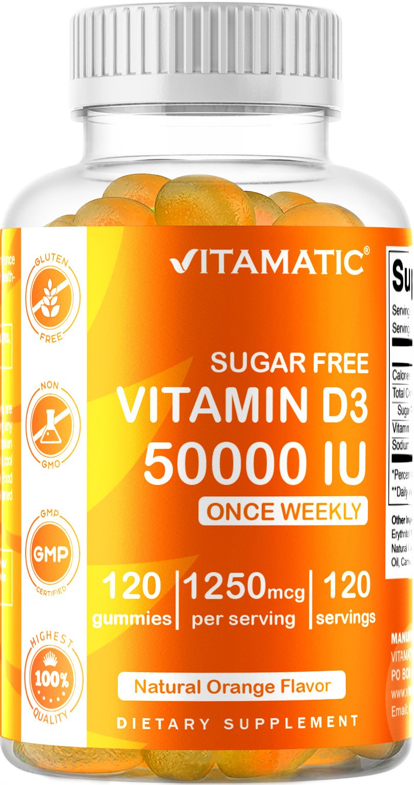 Vitamatic Sugar Free Vitamin D3 (50,000 IU) – 120 Pectin Based Gummies.