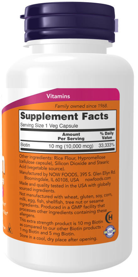 NOW Foods Biotin 10 mg 10,000mcg Extra Strength Veg Capsules 04/2025EXP 10000