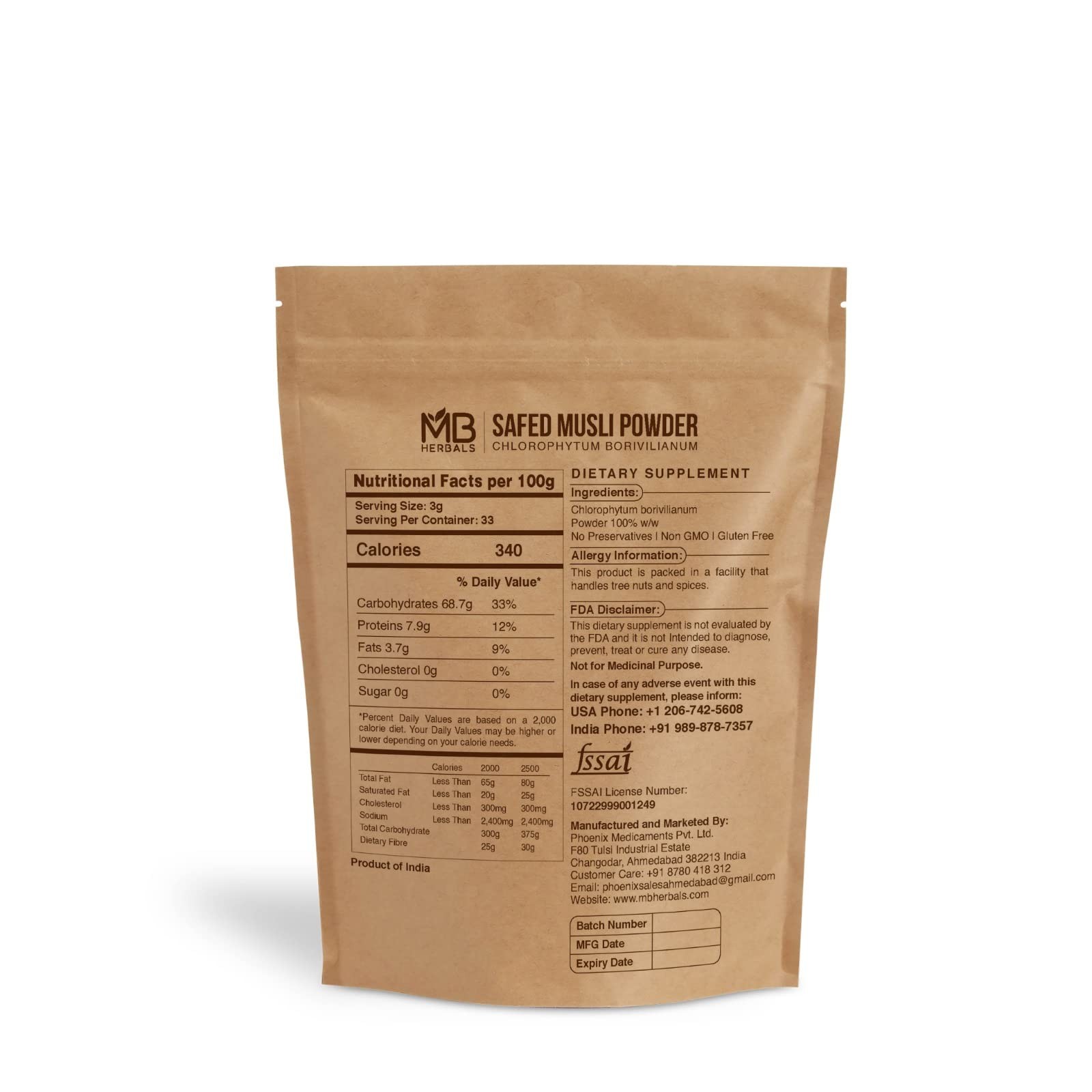 Pure Safed Musli Powder 100 Gram | 3.5 oz Chlorophytum borivilianum | White M…