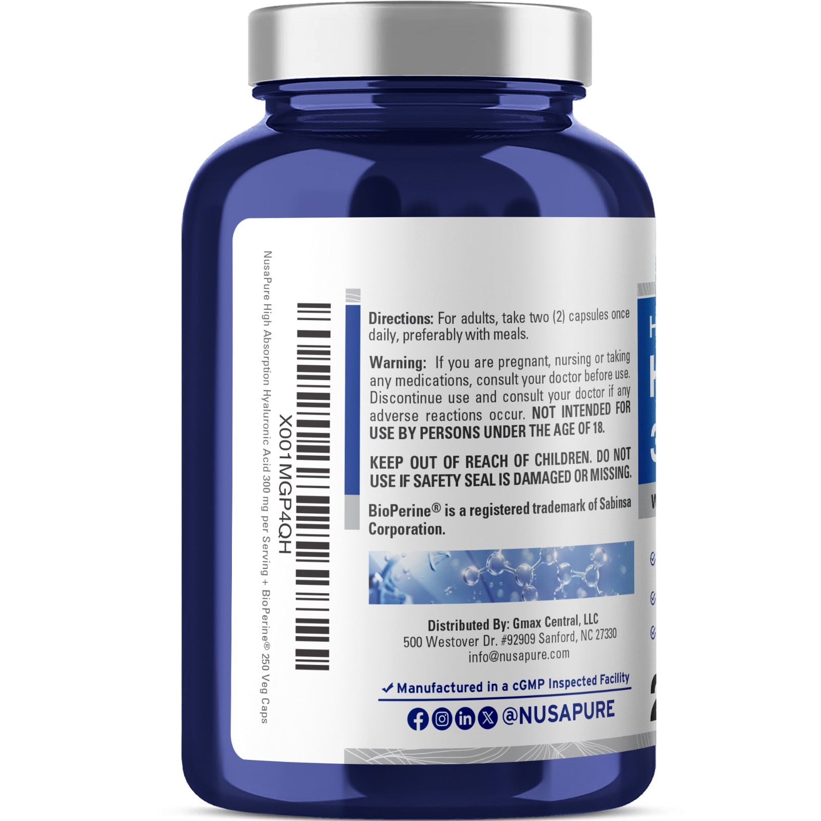 NusaPure Hyaluronic Acid 300mg 250 Capsules (Non-GMO & Gluten Free)
