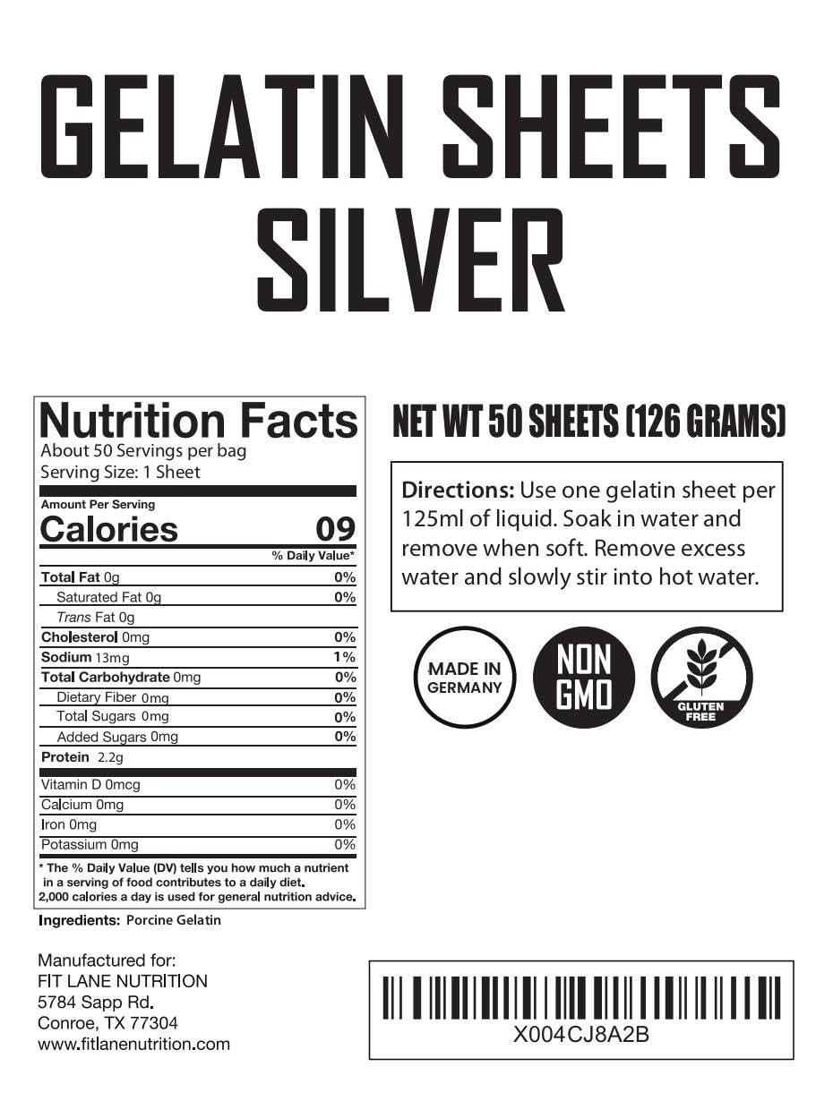 Gelatin Sheets Silver Unflavored Clear Leaf 170 Bloom Strength 50 Count 126g