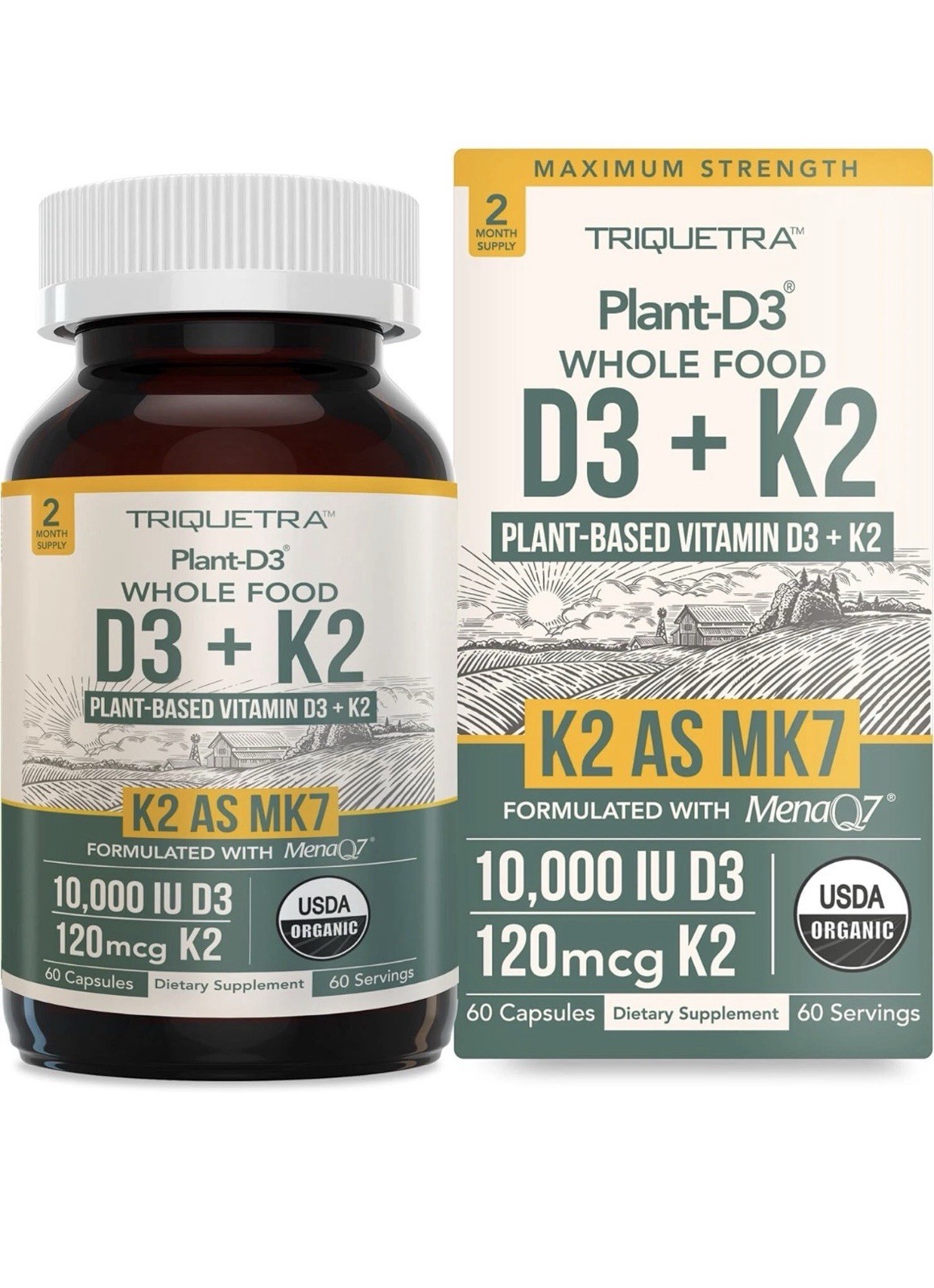 Organic Plant D3 + K2 | 10000 Iu D3 + 120 Mcg K2 as All-Trans MK7 from Menaq7®..