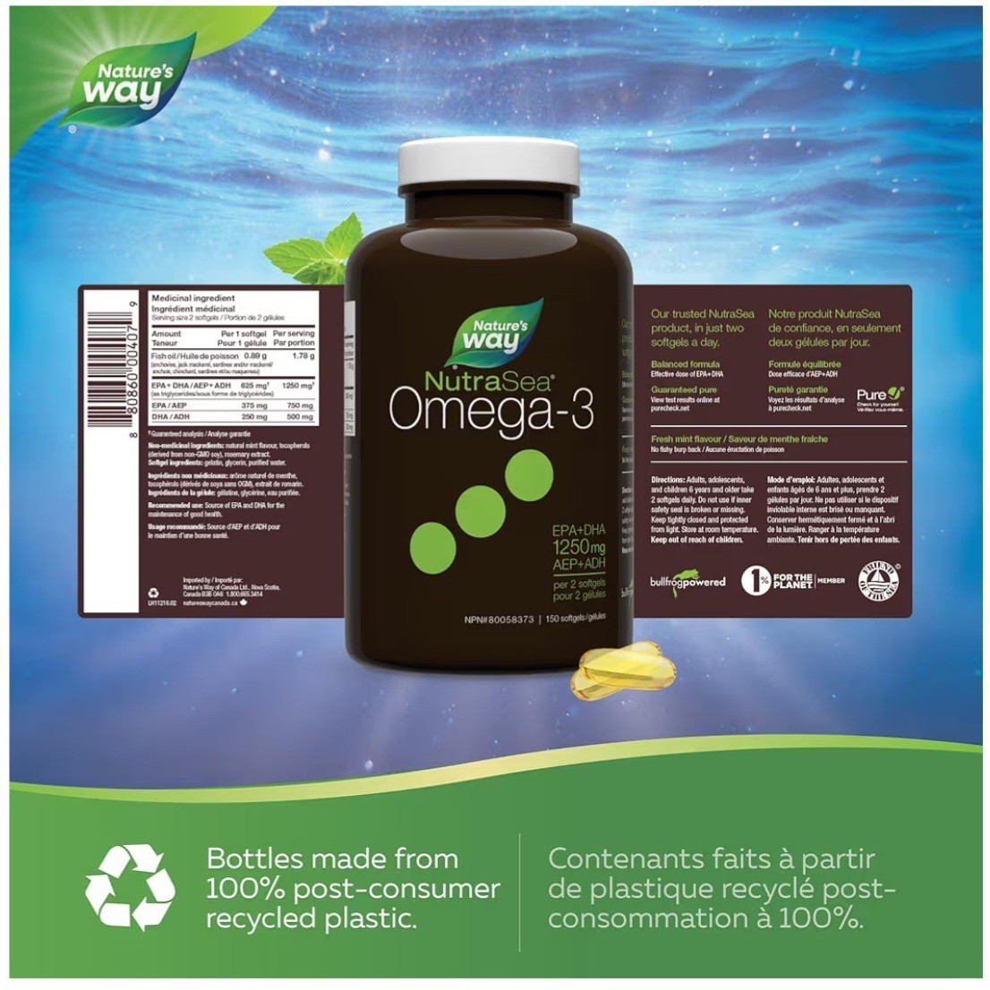 Nature’s Way NutraSea Omega-3 Softgels 150 Count 1250mg EPA+DHA Fish Oil