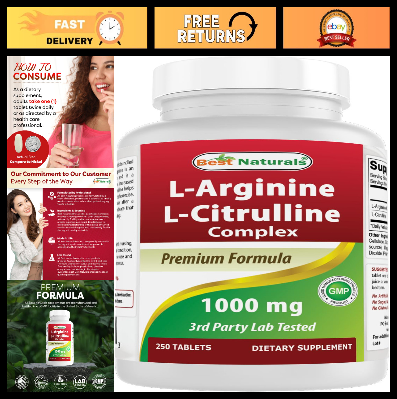 L-Arginine L-Citrulline Complex Tablets – 250 Count, Energy Boost & Muscle Suppo