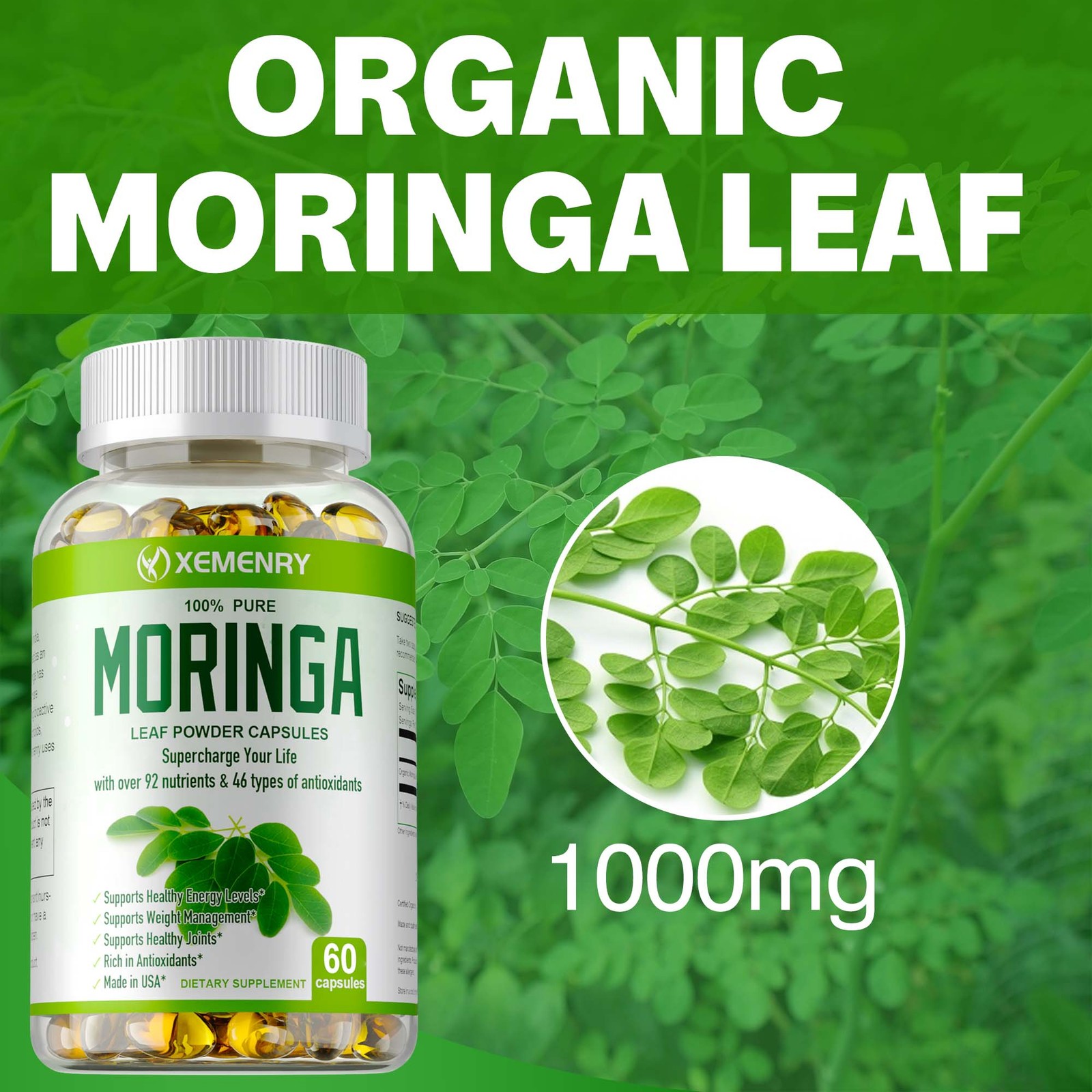 Moringa Capsules 1000mg – Organic,Natural,Anti-aging,Weight Loss,Green Superfood