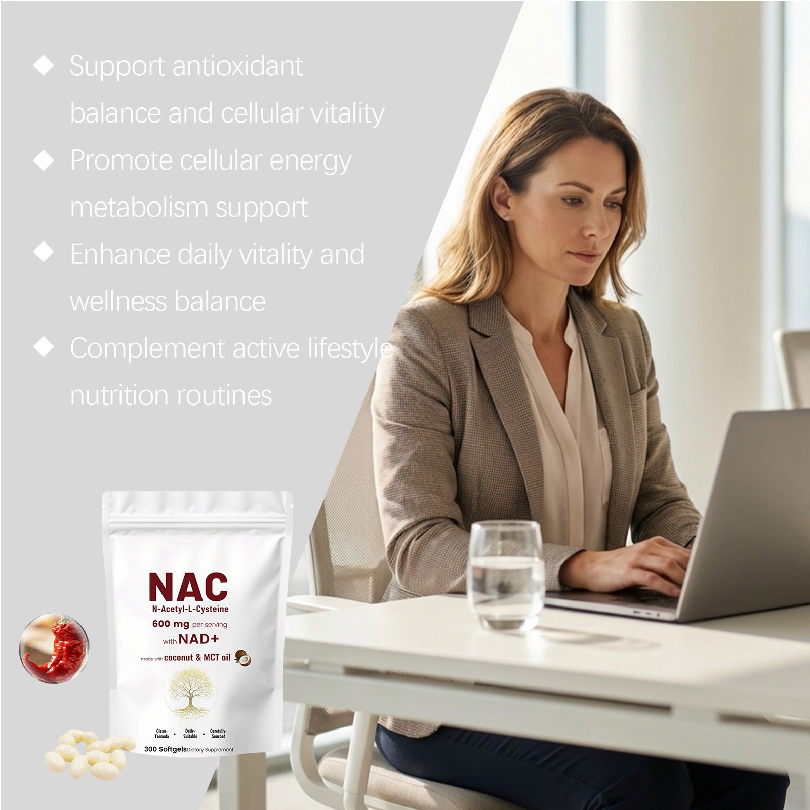 NAC 600mg with NAD+, 300 Coconut MCT Oil Softgels | L Acetyl N Cysteine & Nicoti