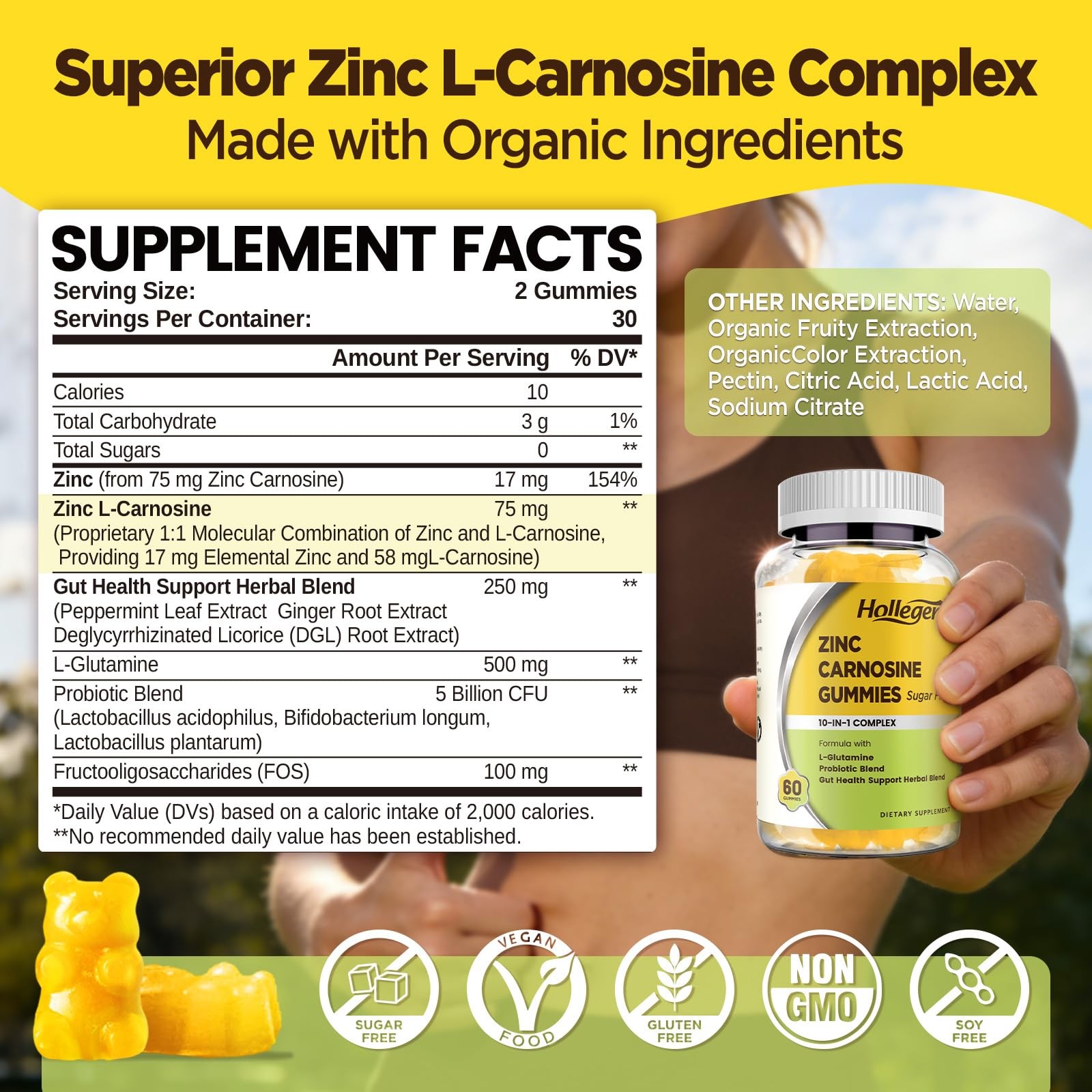 Zinc Carnosine 75mg 60 Gummies Sugar Free Gut Digestive Health Support Probiotic