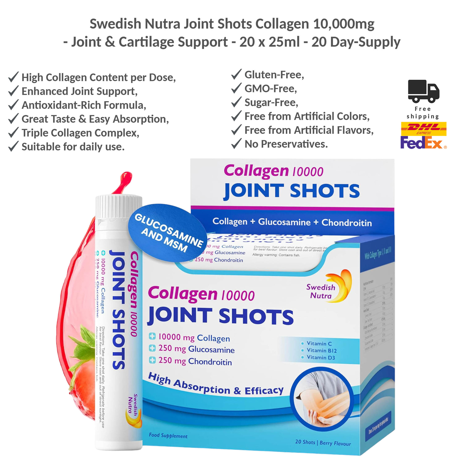 Swedish Nutra Joint Shots Collagen 10,000mg Joint & Cartilage Support 20 x 25ml