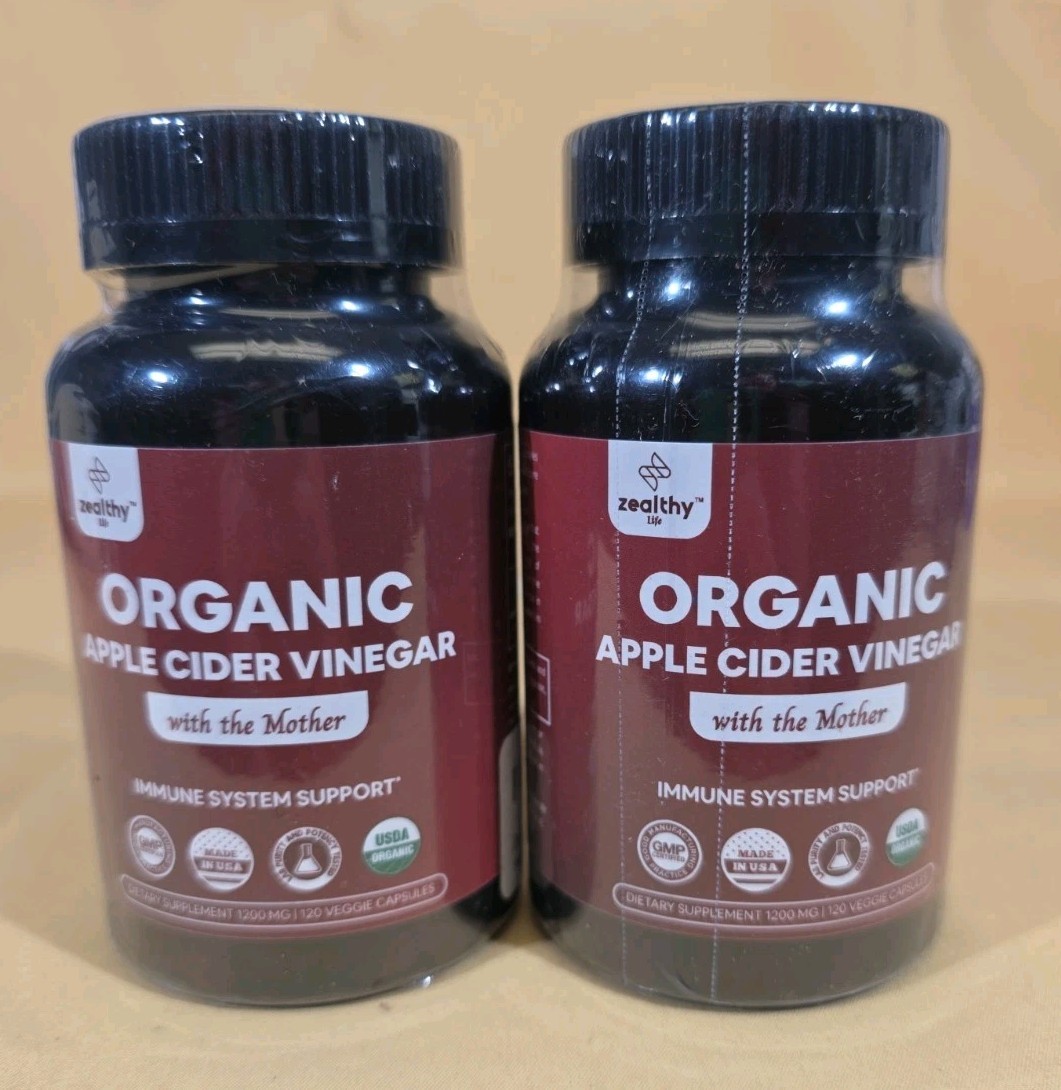 Organic Apple Cider Vinegar With The Mother 1200mg, (120 Caps) 2 pack
