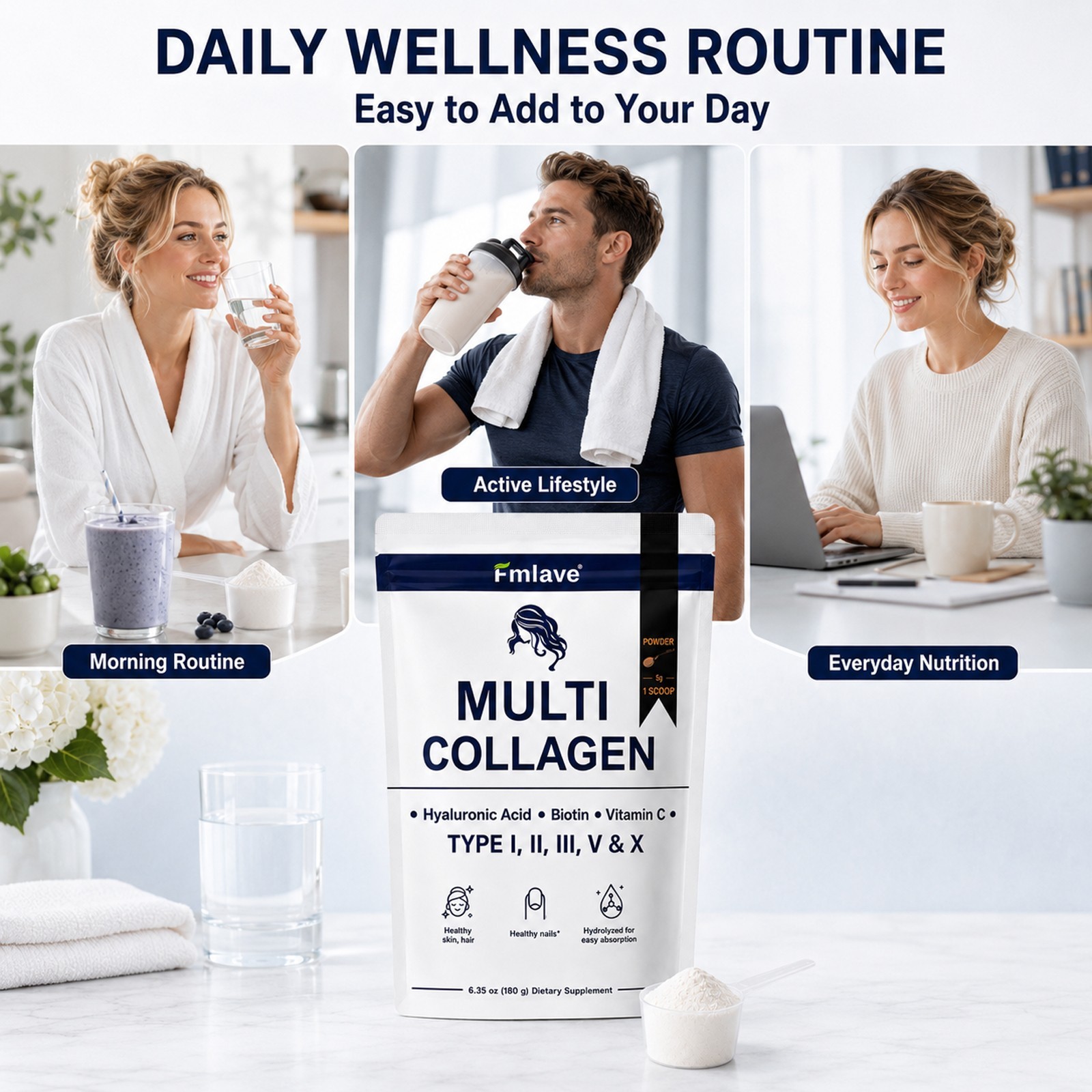 Multi Collagen Peptides Powder Type I II III V X VitaminC Biotin Hyaluronic Acid