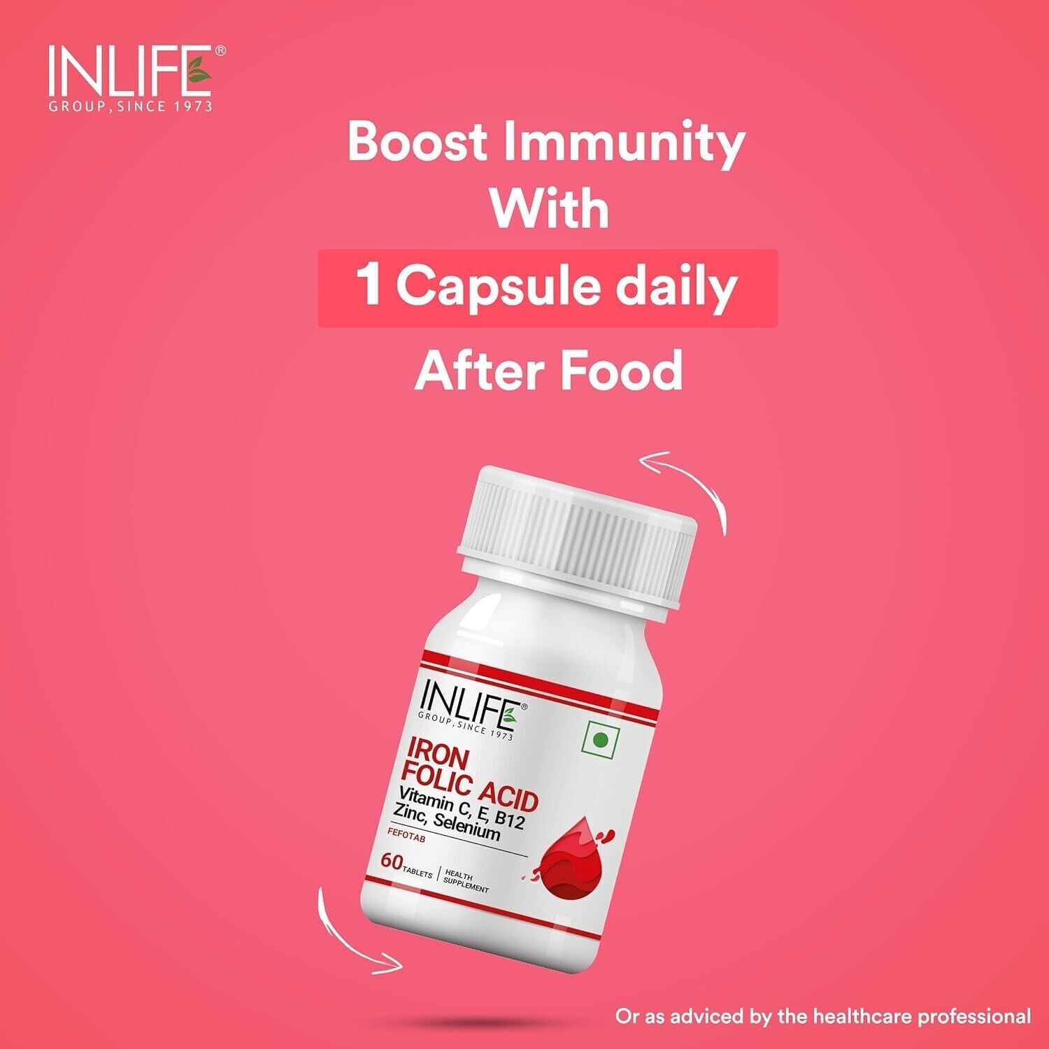 INLIFE Iron with Folic Acid, Zinc, Vitamin C, E & B12 (60 Tablets)