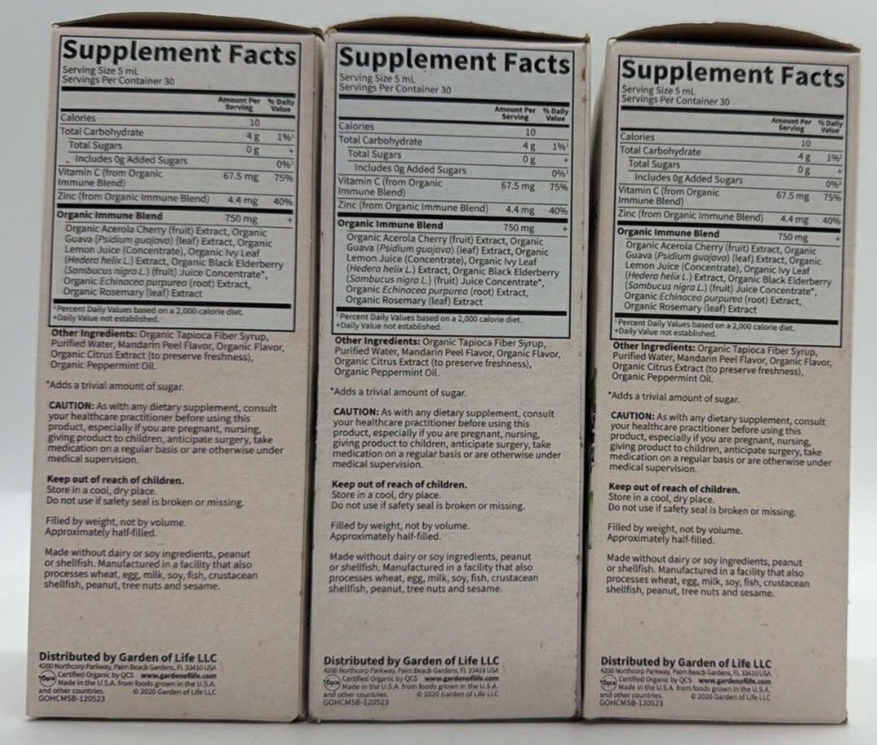 3PK Garden of Life Organics Cough & Mucus Immune Syrup ~ 5 FL OZ EACH ~ EXP 1/27