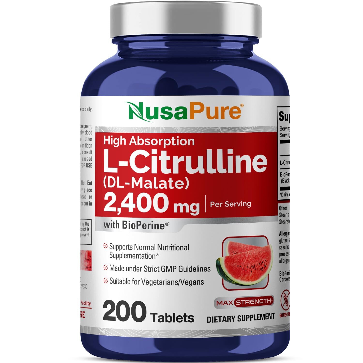 NusaPure L-Citrulline 2,400mg 200 Vegetarian Tablets (Non-GMO & Gluten Free)