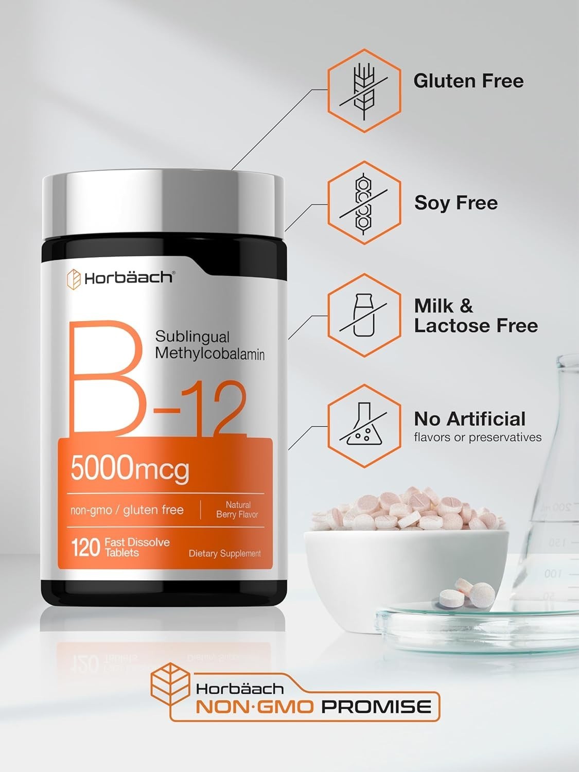 Horbäach B12 Vitamin 5000 mcg | 120 Fast Dissolve Tablets | Sublingual Methylcob