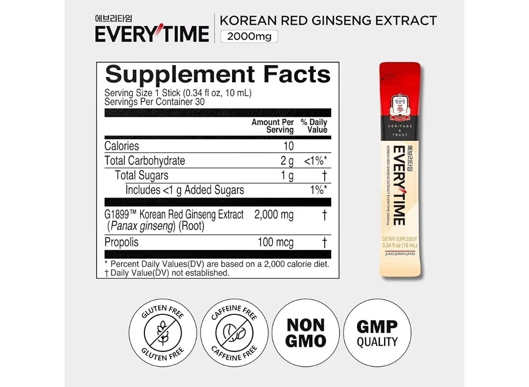 Jung Kwan Jang Everytime Korean Red Ginseng Extract 2000mg 10 Sticks Non-GMO