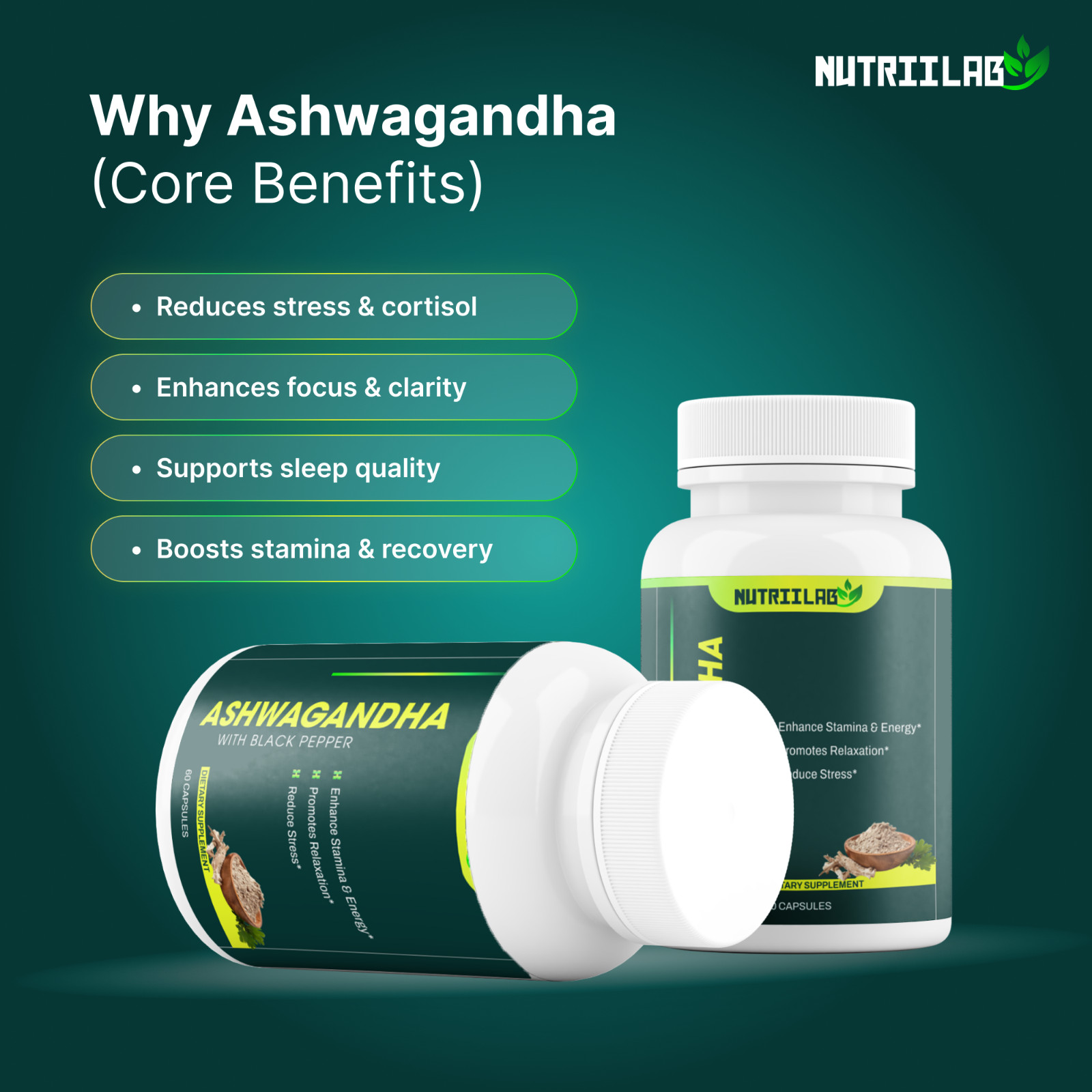 NutriiLab Organic Ashwagandha 650mg Black Pepper Stress Relief Sleep Energy Caps