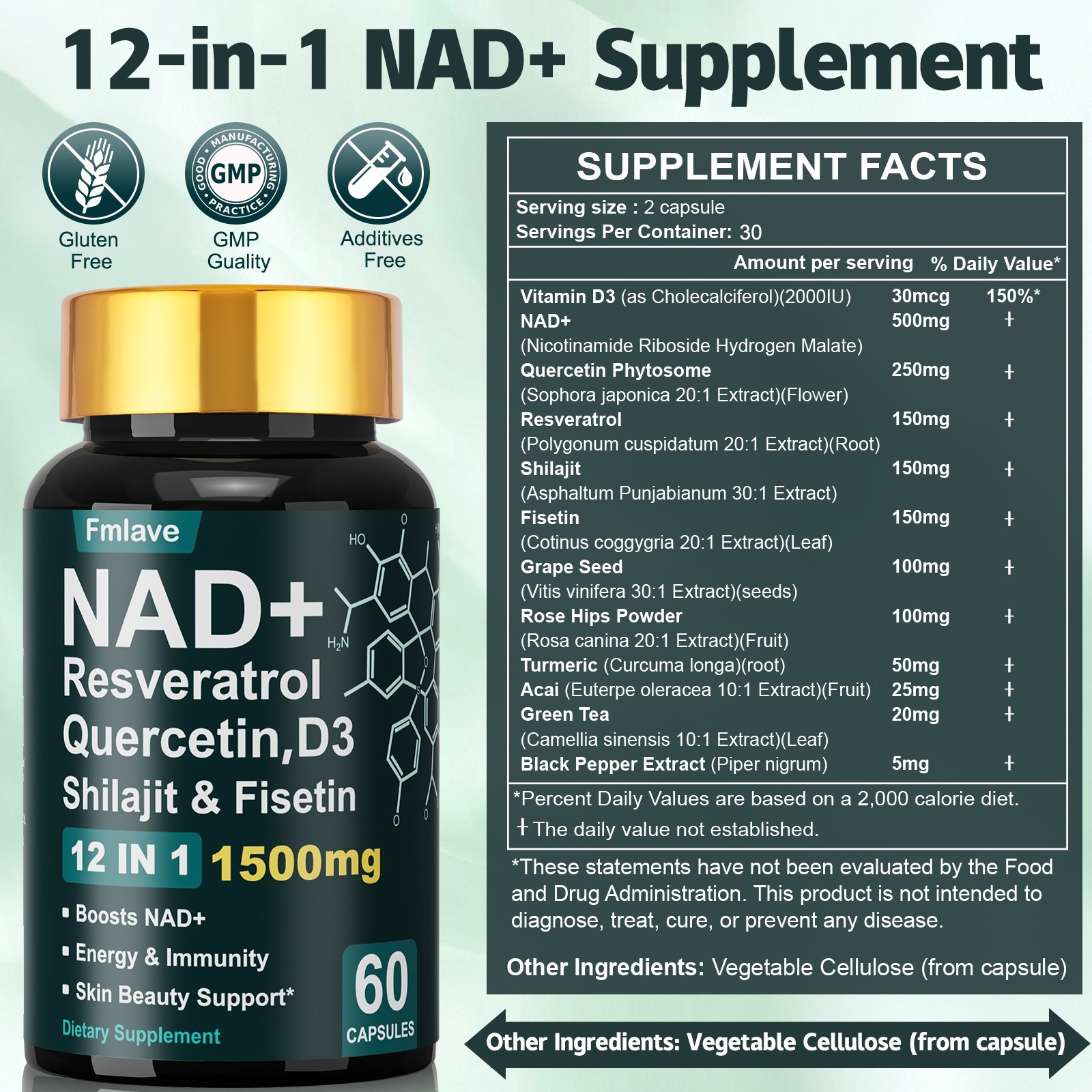 2x NAD+ ADVANCED Supplement for Anti-Aging Energy Focus Nicotinamide Resveratrol