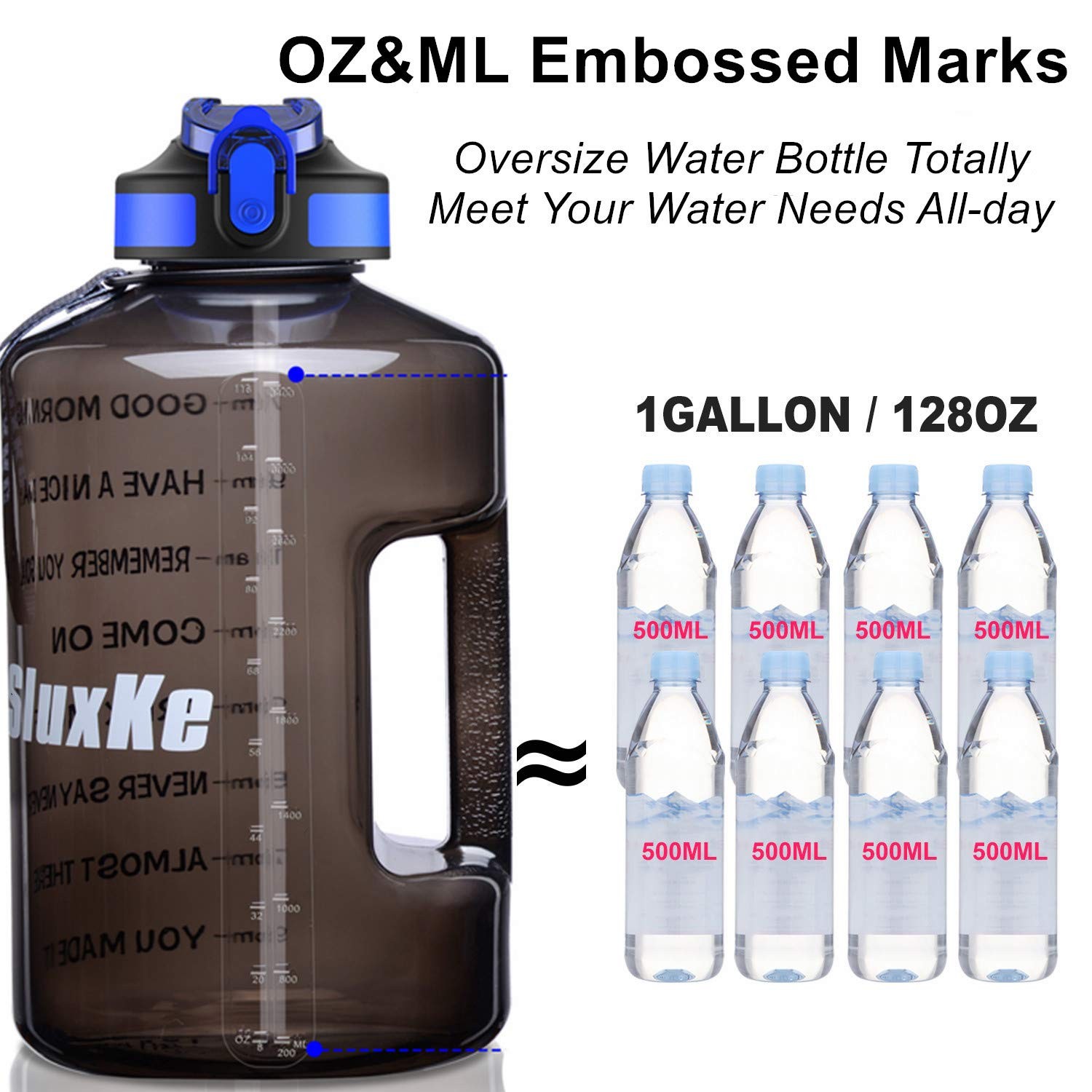 SLUXKE 1 Gallon Water Bottle with Time Marker BPA Free 128 Ounces, Black