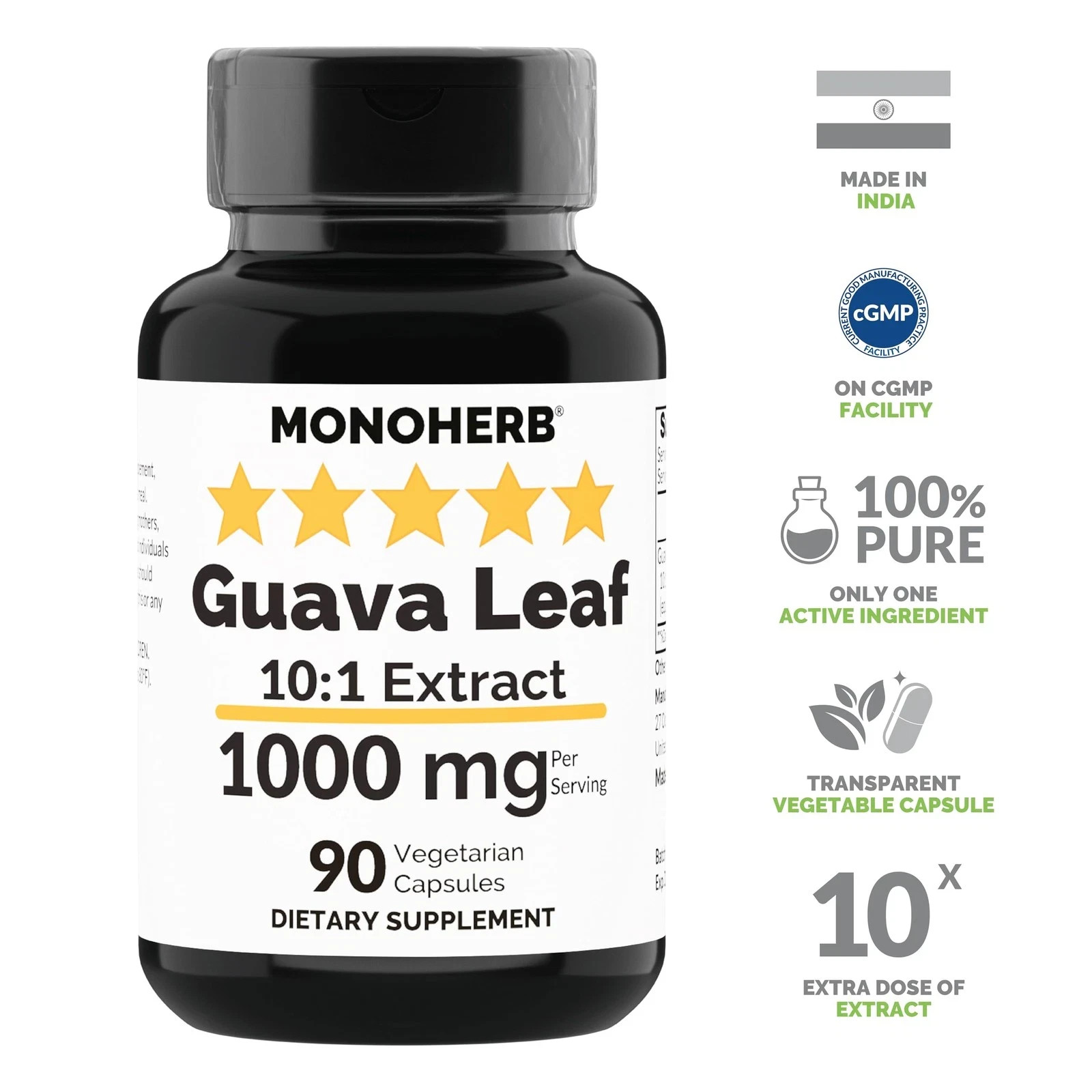 MONOHERB Guava Leaf 10x Extract 1000 mg – 90 Capsules. 90 Count (Pack of 1)