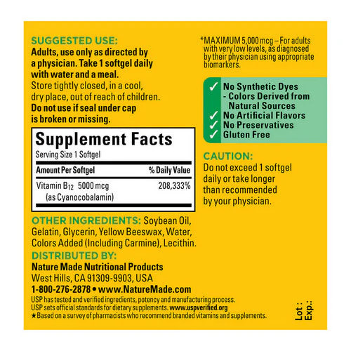 Vitamin B12 5000mcg 60 Soft gels By Nature Made