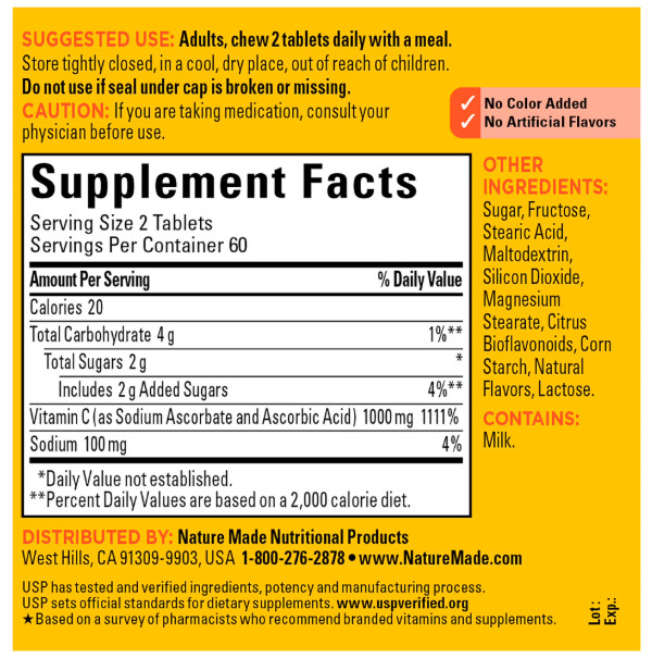 Extra Strength Dosage Chewable Vitamin C 1000 Mg per Serving Tablets, 120 Count