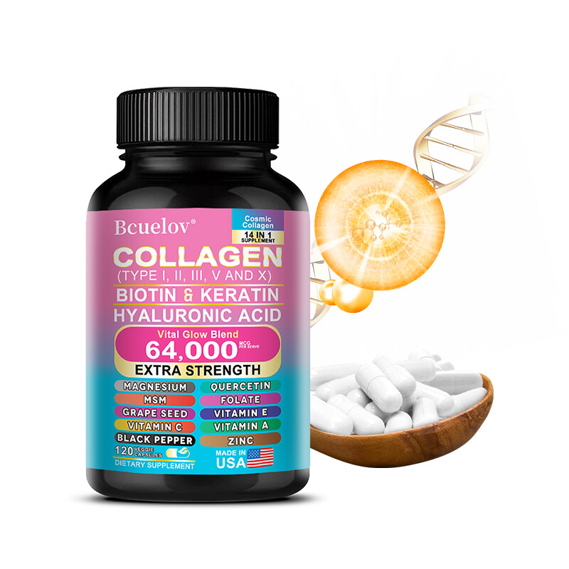 COLLAGEN PEPTIDES Types I,II, III, V, X 64,000mcg Pills Anti-Aging Skin Capsules
