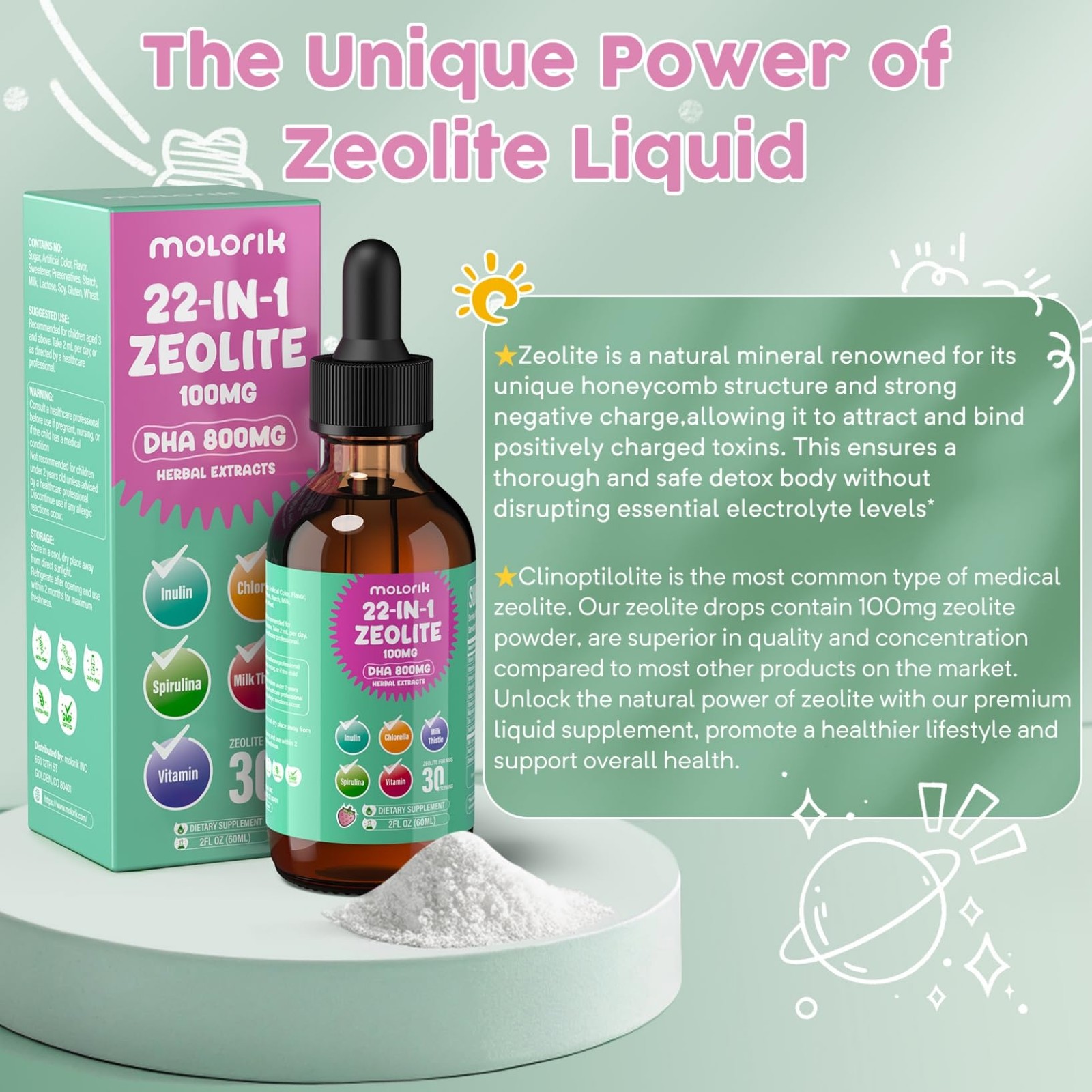 Zeolite Detox for Kids and Adults, Herbal Detox with 800mg DHA, 500mg Inulin,…