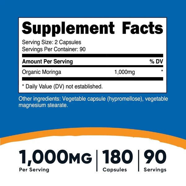 Nutricost Moringa Capsules 500mg, 180 Capsules (90 Servings) – EXP 07/2026