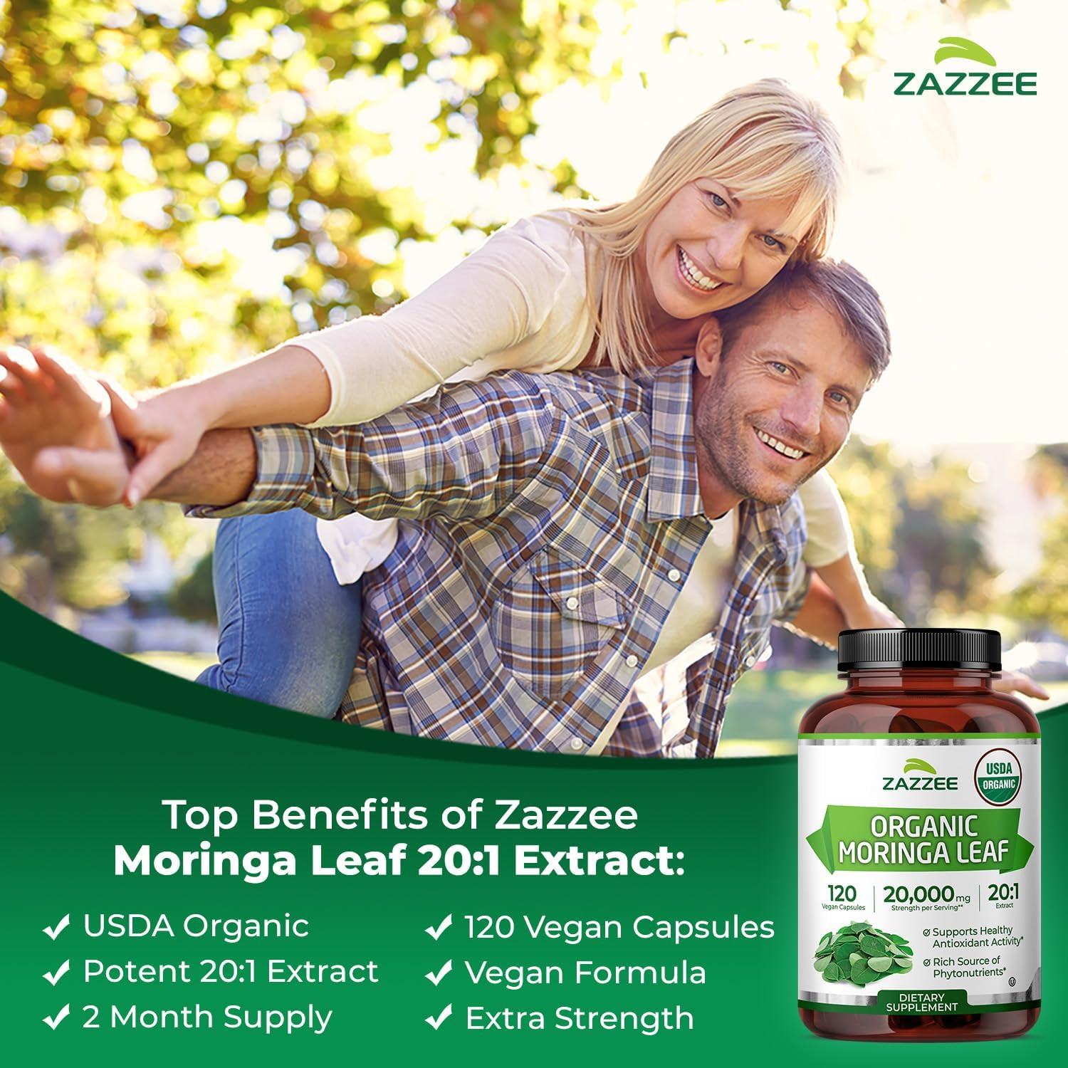 Zazzee Organic Moringa Leaf Extract 1000mg, 120 Vegan Capsules, USA Made