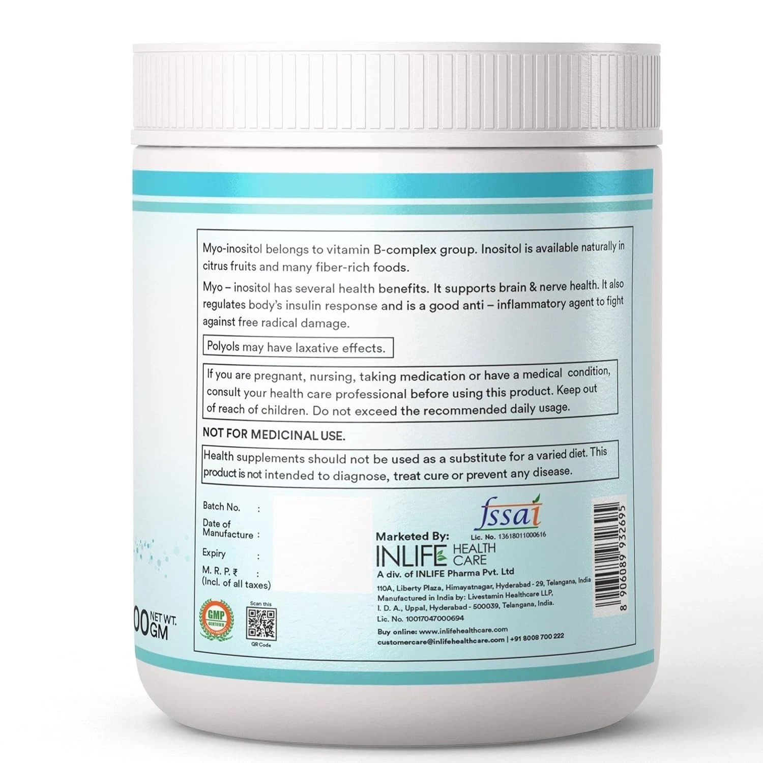 INLIFE Myo Inositol Powder Supplement, 2000mg (100 Servings, 200g)