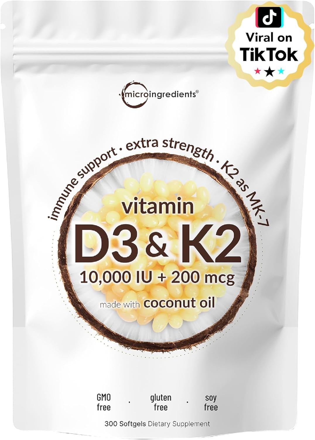 Micro Ingredients Vitamin D3 10,000 IU + K2, with Virgin Coconut Oil,exp 10/2027
