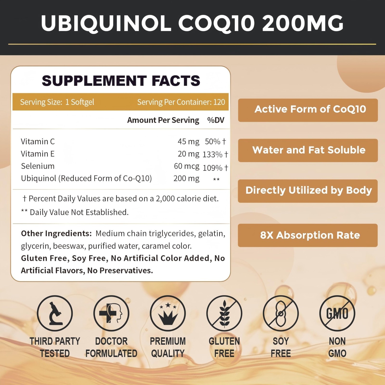 Ubiquinol CoQ10 200mg Softgels – 4-in-1 Antioxidant for Heart Health, Energy Boo