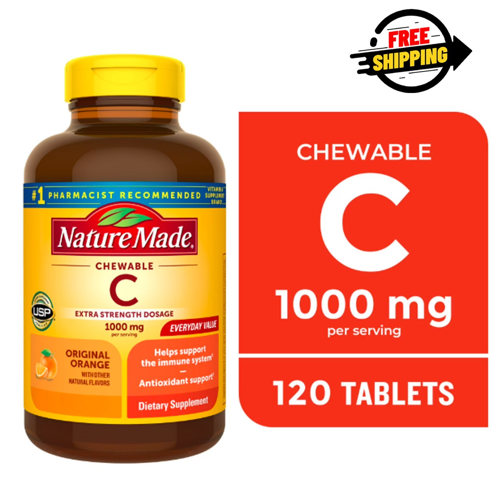 Extra Strength Dosage Chewable Vitamin C 1000 Mg per Serving Tablets, 120 Count
