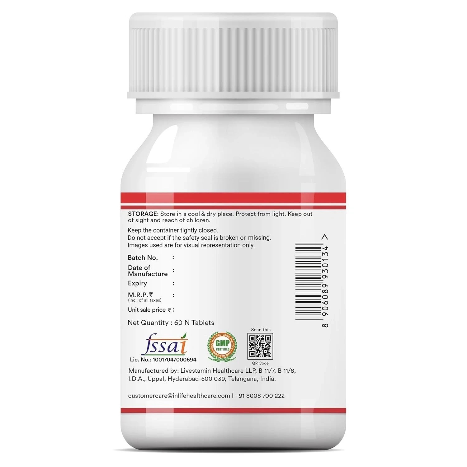 INLIFE Chelated Iron Folic Acid Supplement Vitamin C,E, B12, Zinc & Selenium 60N