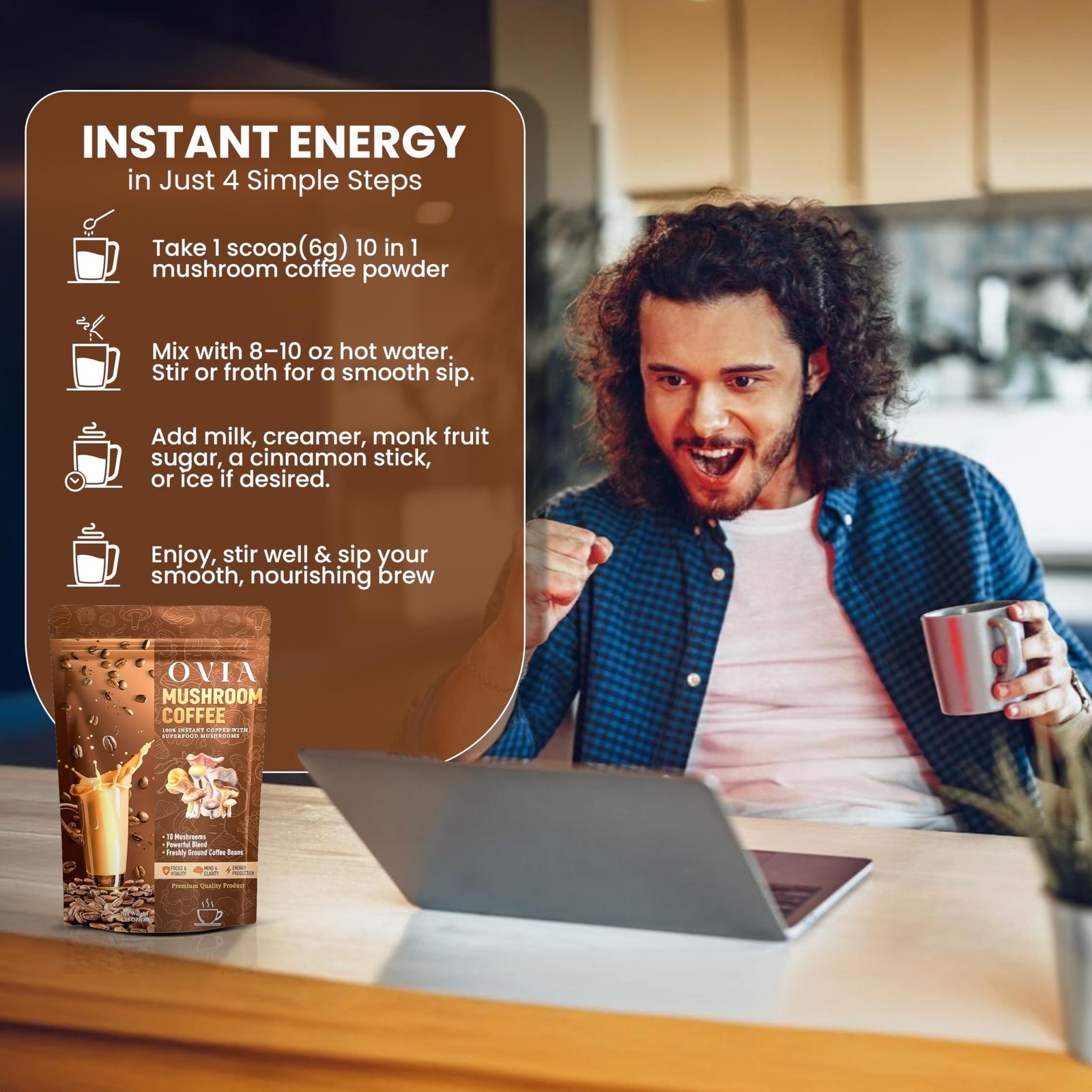 OVIA Natural 10 Mushroom Coffee with 3500mg for Weight Management, Focus & Gu…