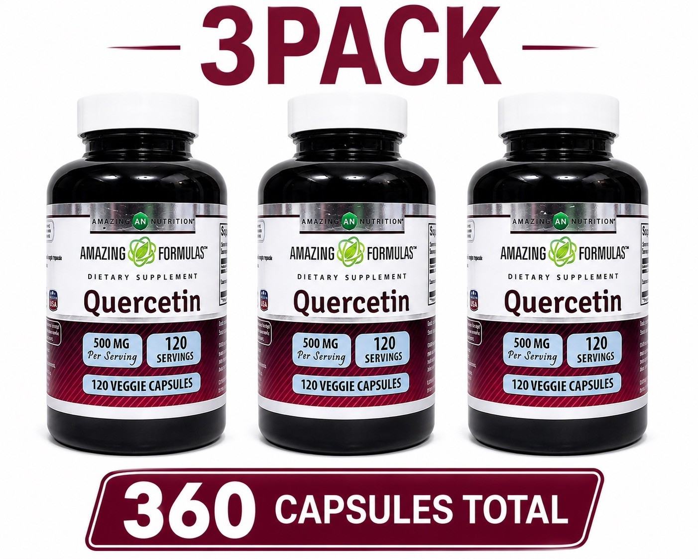 Quercetin 500mg 360 Veggie Capsules 3 Pack Immune Support Non GMO