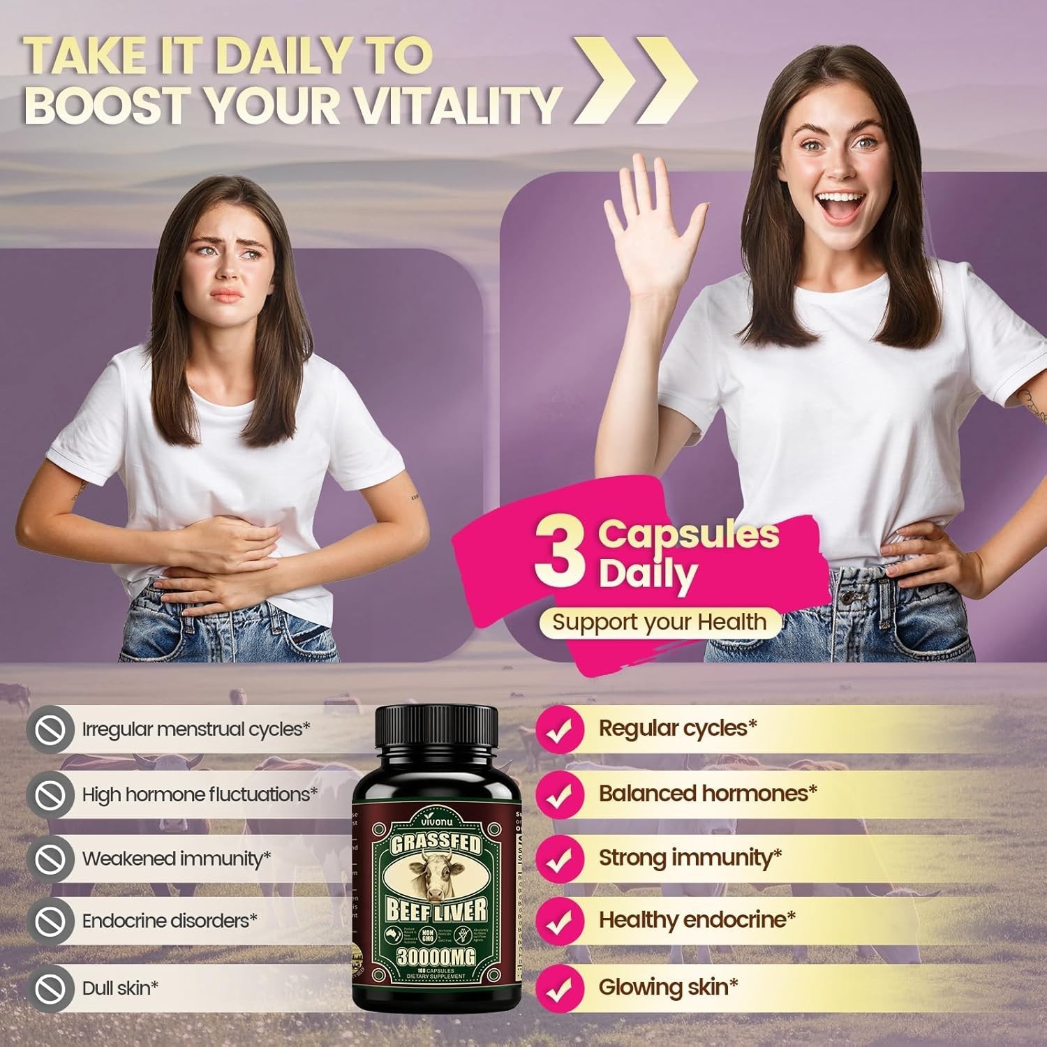 VivoNu 100% Grass Fed Beef Organs for Women Hormone Balance Energy 180 Caps