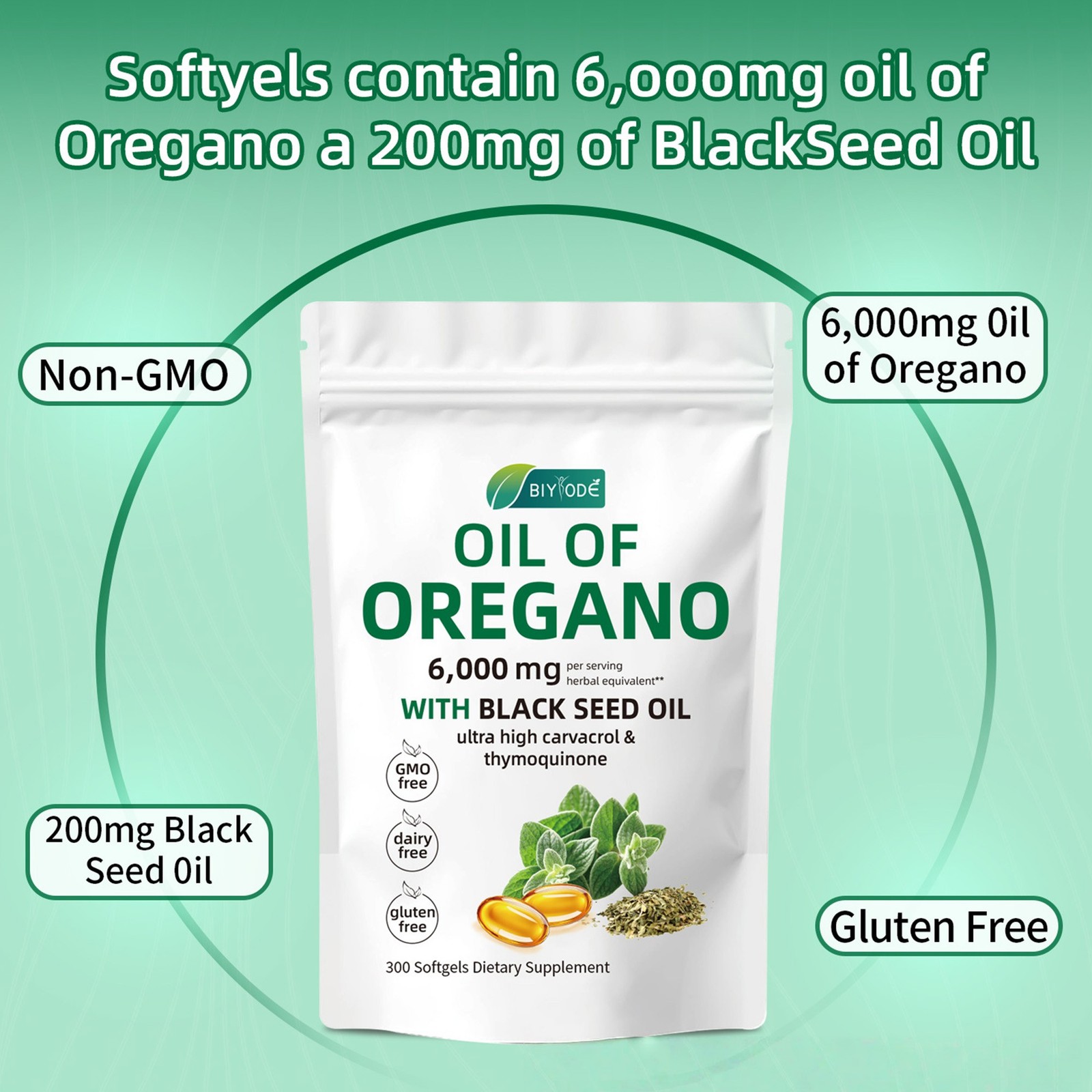 2 Oil 1 in of Oregano 3000 Softgels Black Seed Oil Herbal Supplement US