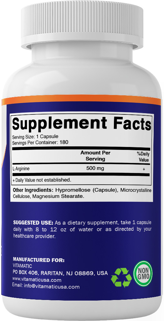 Vitamatic L-Arginine 500mg, 180 Vegetarian Capsules – Amino Acid Supplement