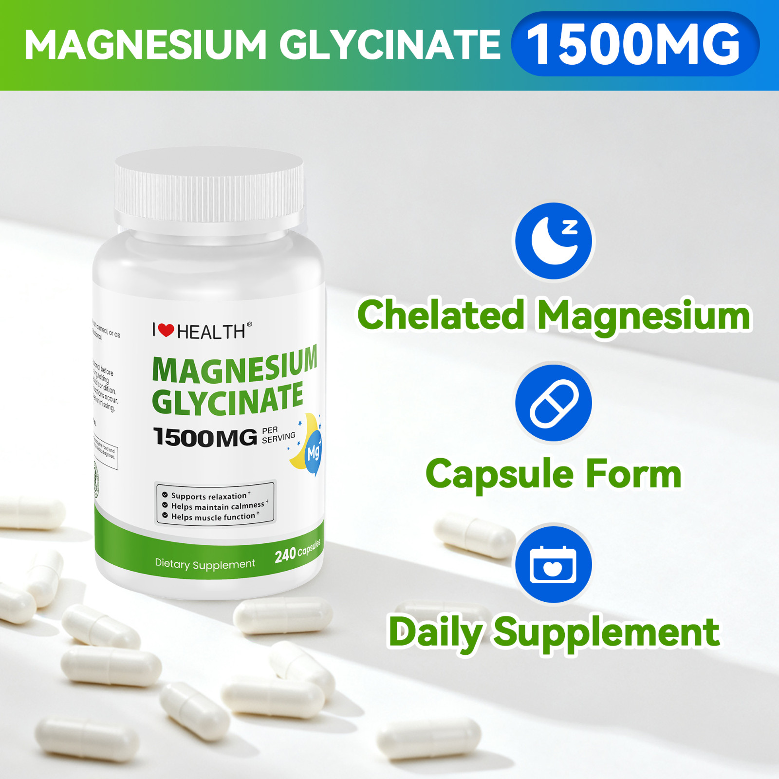 Magnesium Glycinate 1500mg High Absorption Magnesium Supplement, Supports Muscle
