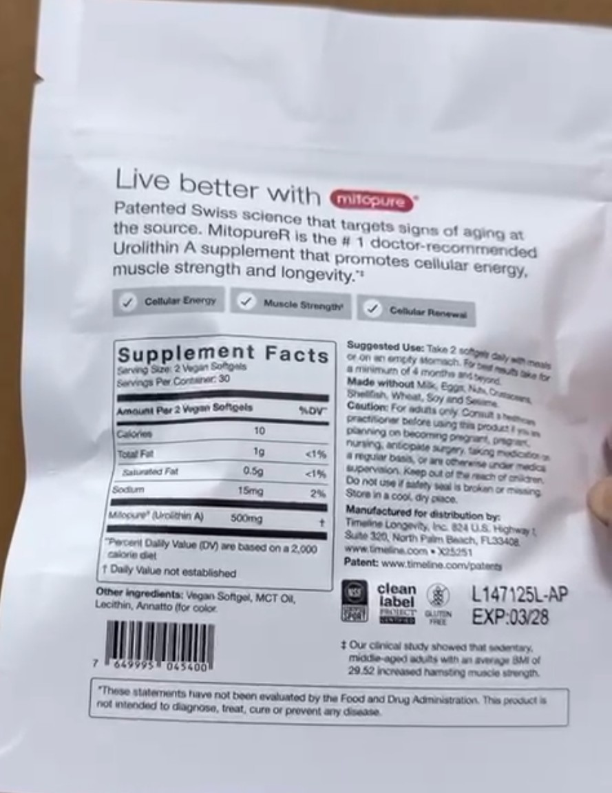 Time-Line Longevity Supplement Mitopure Urolithin A 60 Softgels 03/28