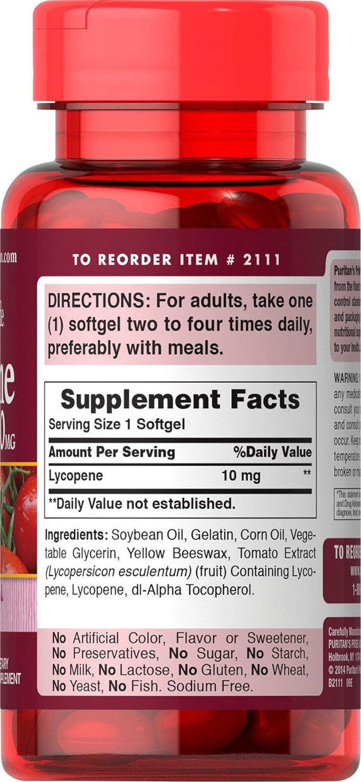 Puritan’s Pride Lycopene 10mg, Supplement for Prostate and Heart, 100 Capsules