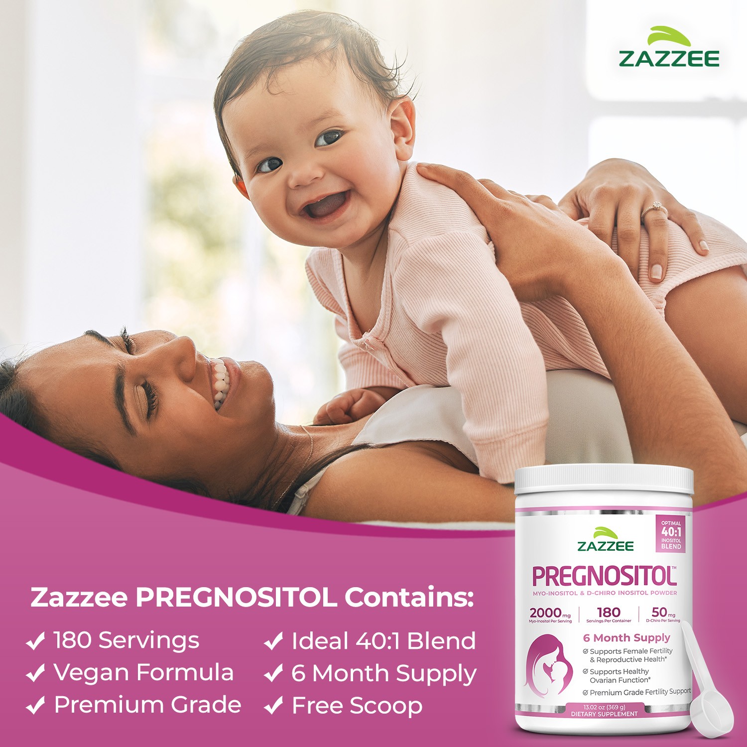 Zazzee PREGNOSITOL Powder, 6 Month Supply, 180 Servings, Myo-Inositol & D-Chiro
