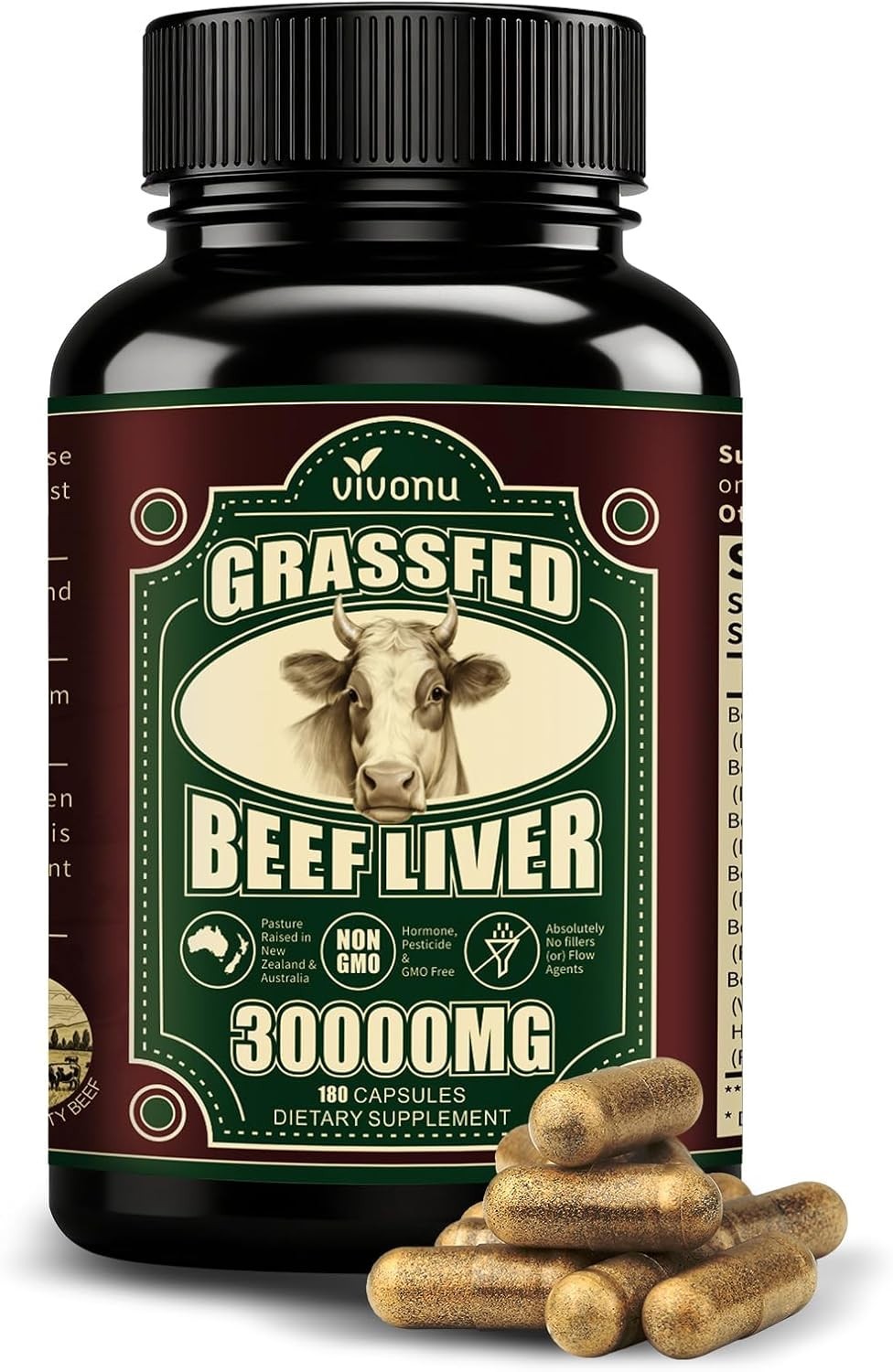 VivoNu 100% Grass Fed Beef Organs for Women Hormone Balance Energy 180 Caps