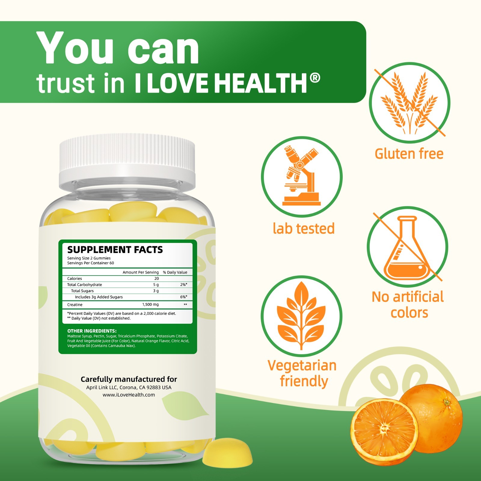 Creatine Monohydrate Gummies, Orange Flavor, 120 Gummies (1500 mg per Gummy)