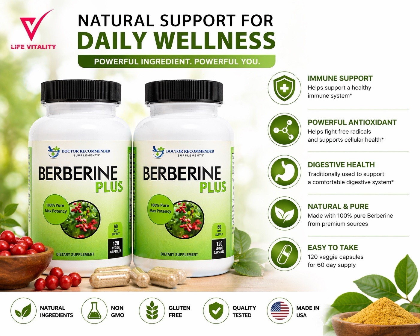 Berberine Plus 1200mg 240 Veggie Capsules 2 Pack Immune Support Fórmula