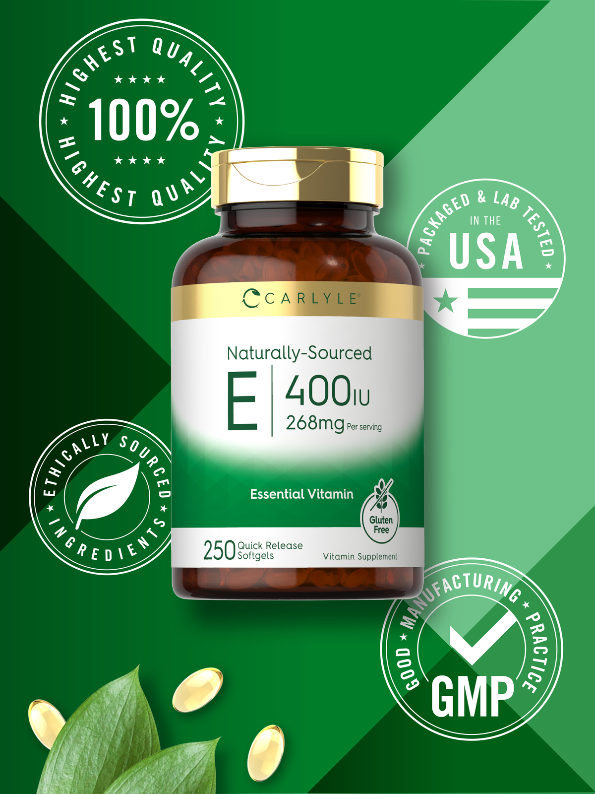 Vitamin E 400 IU | 250 Softgels | Naturally Sourced | Non-GMO | by Carlyle